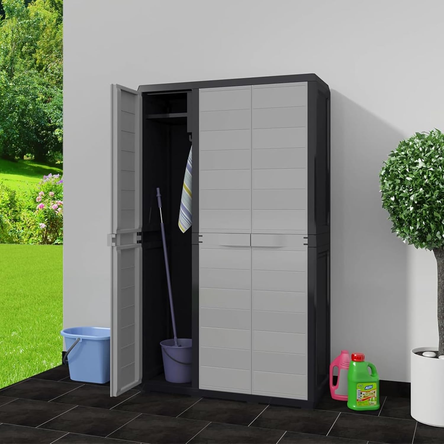 Armadio da giardino con 4 ripiani, colore nero e grigio, per esterni, balcone, terrazza, casetta degli attrezzi, resistente alle intemperie, ai raggi UV e all'acqua, durevole senza sbiadimento