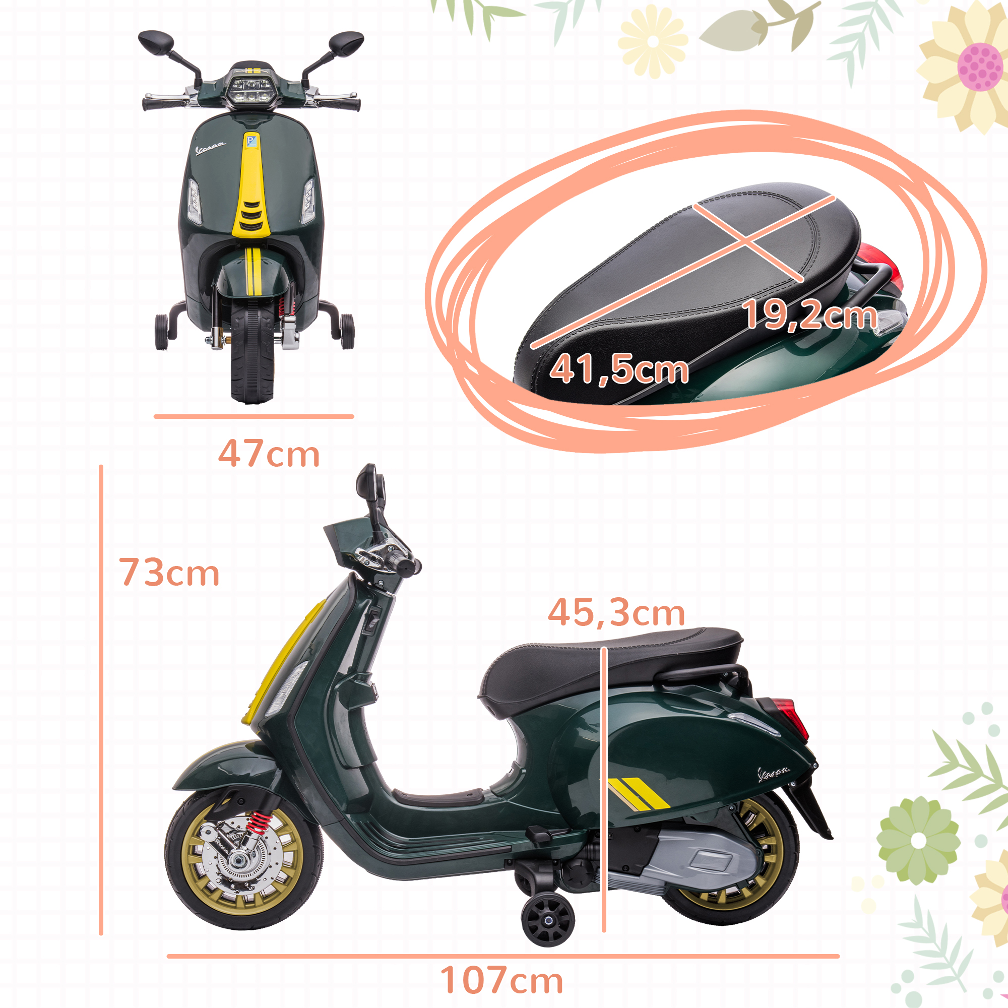 AIYAPLAY Elektrische Kinder Vespa, 3 km/u, 3-6 Jaar, Muziek, Licht & Radio, Donkergroen