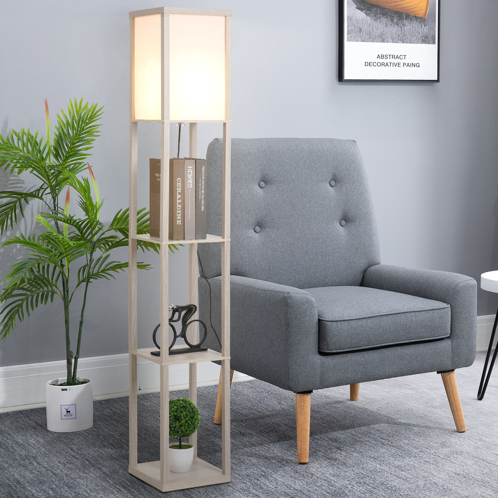 HOMCOM Stehlampe mit Regalen, Stehleuchte, Holz, 26 x 26 x 160 cm, für Wohn-/Schlafzimmer (Ohne Glühbirne)