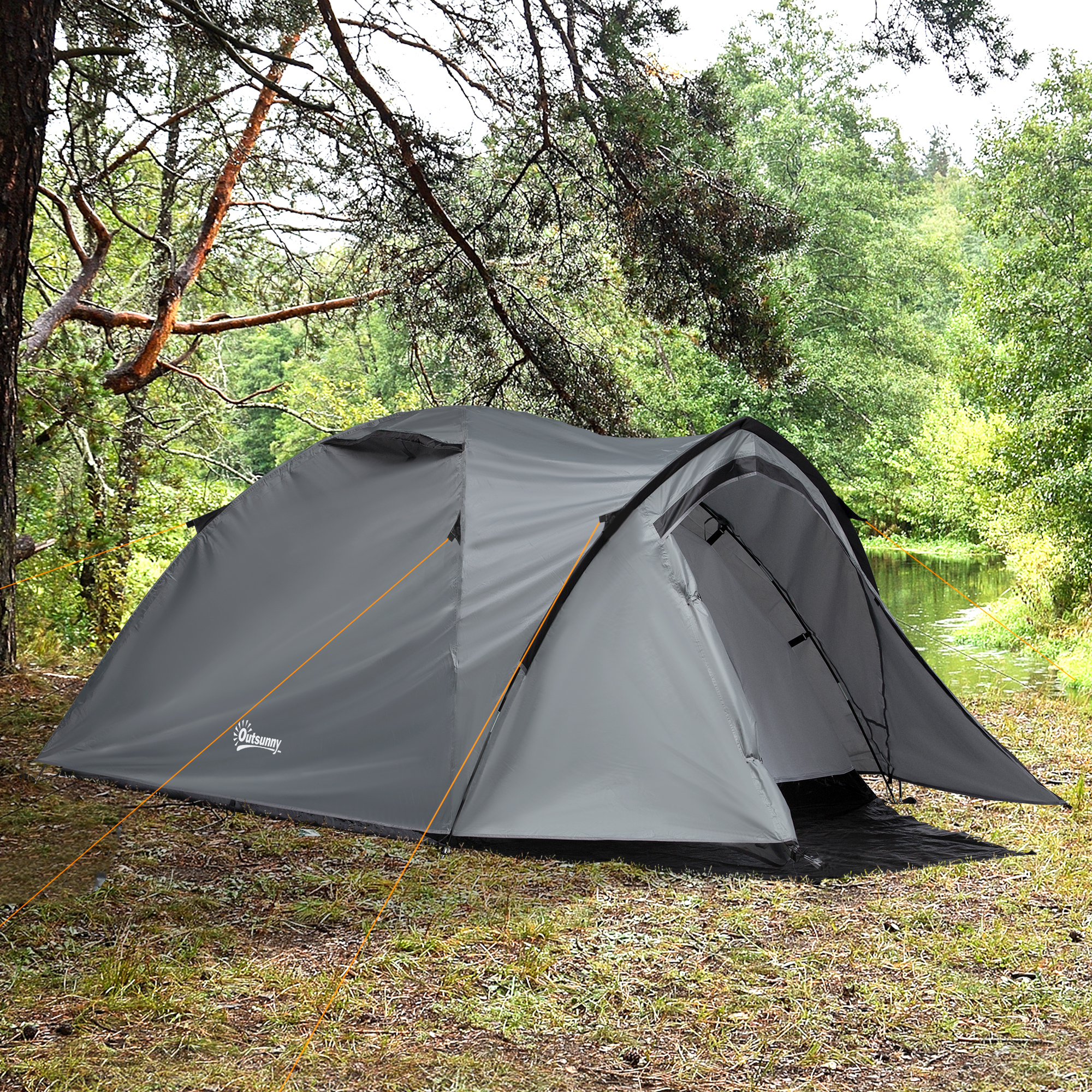 Outsunny Campingzelt 2-3 Personen wasserdichtes leichtes belüftetes Dôme-Zelt 2 Türen Fenster Glasfaser-Polyester PE Grau