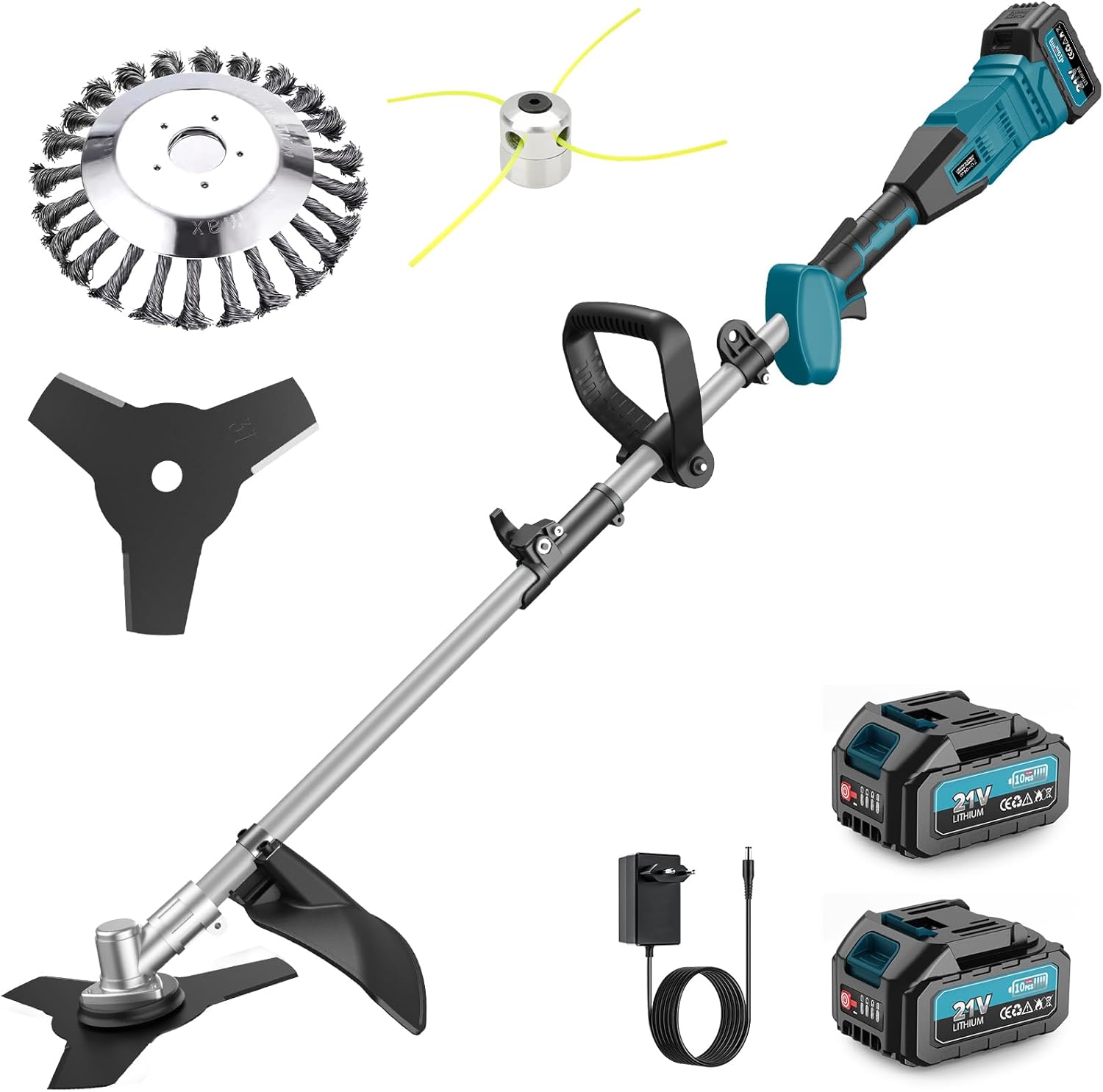 Akku Rasentrimmer mit 2 Akku, 16000mAh/21V 1000W Bürstenloser Akku Freischneider, Schnittdurchmesser 30cm, Multifunktion Rasenkantenschneider Akku für Rasen Garten Beschneiden - E-Edge