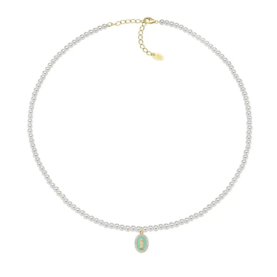 Collana Amen di perle con medaglia verde raffigurata la Madonna CLPE30SWGTI