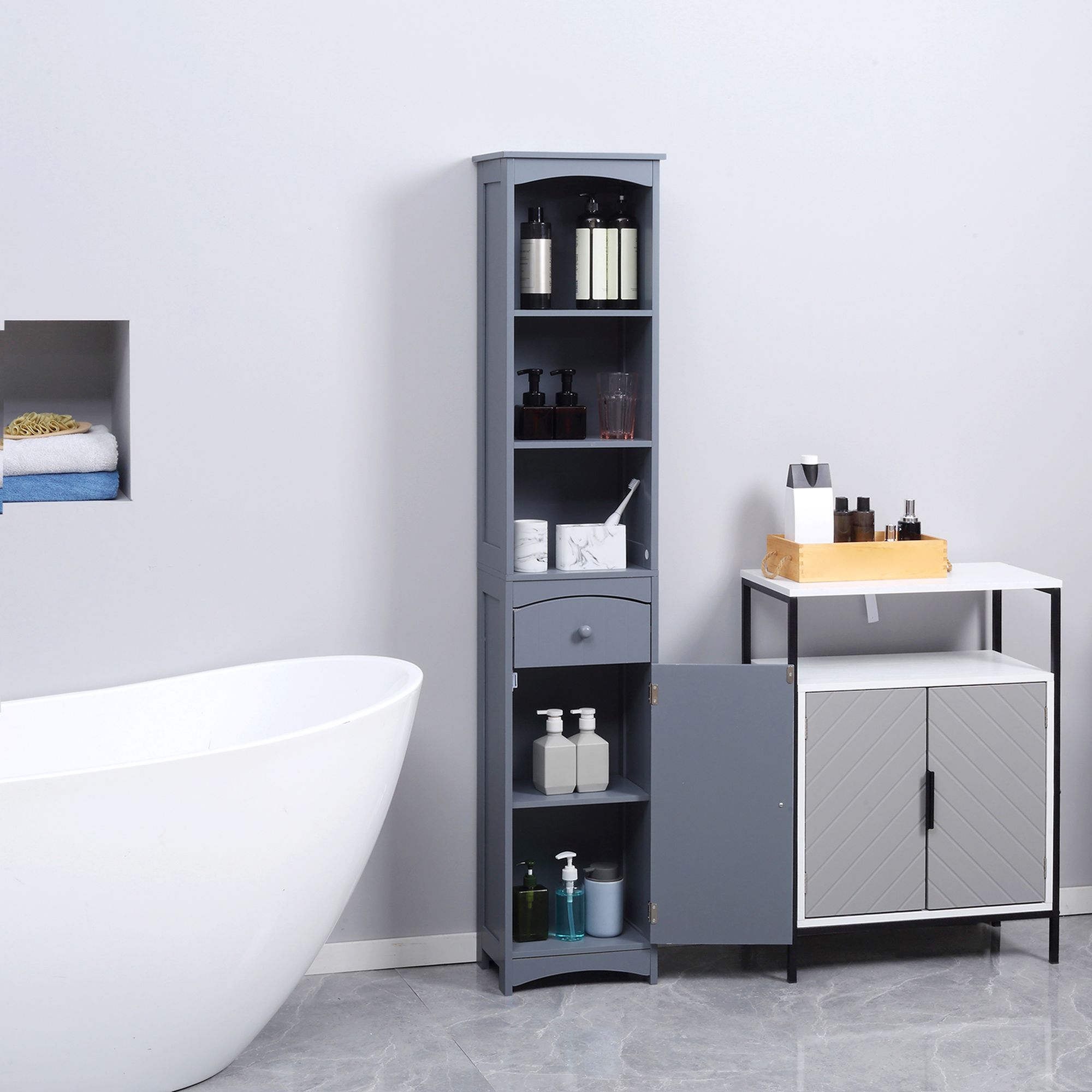 HOMCOM Hochschrank für Badezimmer mit 1 Schublade und 3 offenen Regalen Moderner Stil 34x24x170 cm Grau