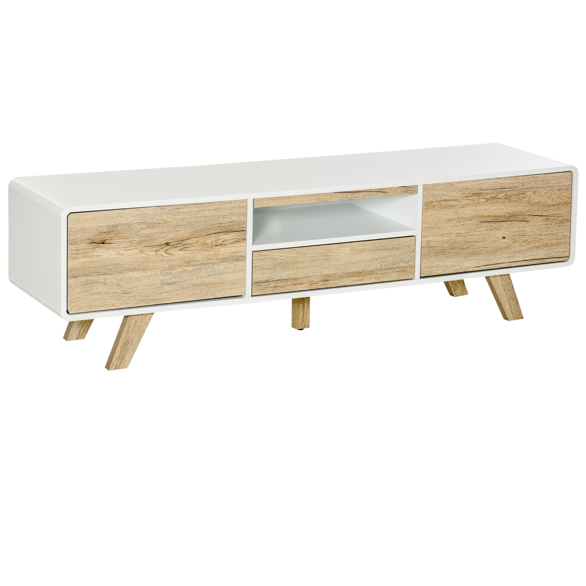 HOMCOM TV Schrank TV Lowboard Kommode für Fernseher kleiner als 60'' mit Push-In-Design Schublade Wohnzimmer MDF Weiß+Natur 160 x 40 x 45 cm