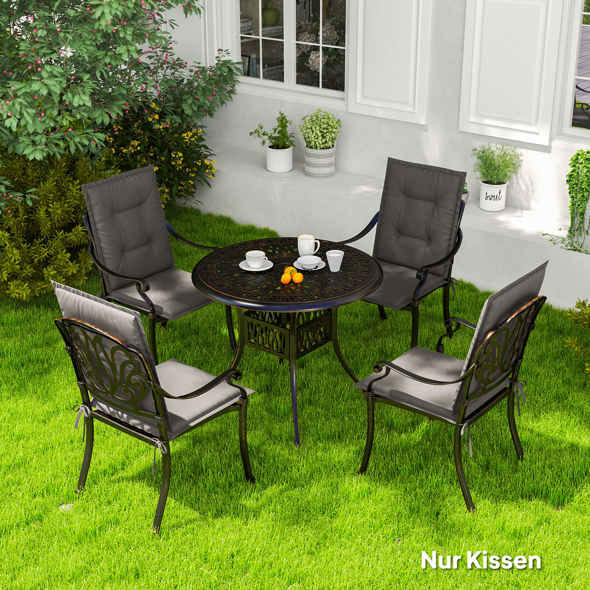 Outsunny 4er Set Sitzkissen 108 x 50 x 5 cm Stuhlkissen mit Bändern, Outdoor Indoor Sitzauflage Dunkelgrau