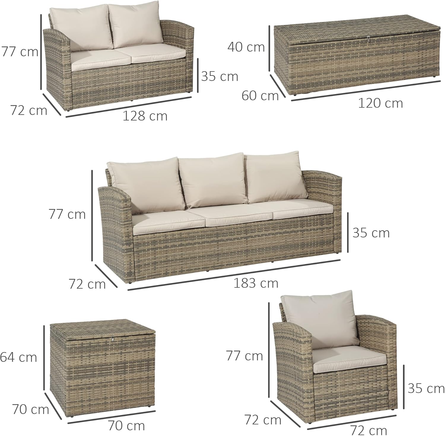 Outsunny Set Mobili da Giardino 6 Pezzi in Rattan, Salotto da Giardino con 2 Tavolini Contenitore, Divani e 2 Poltrone Imbottiti per 7 Persone, Beige