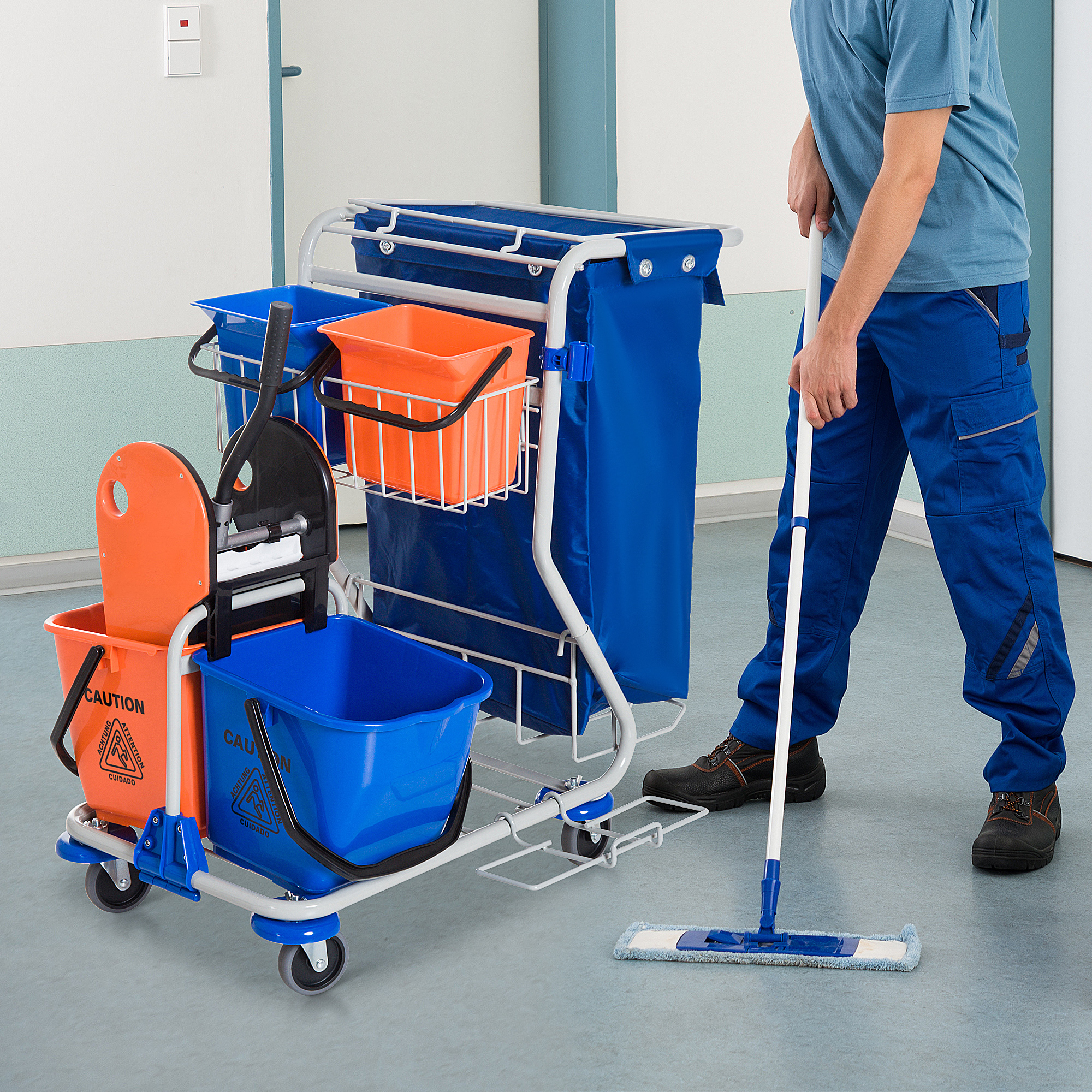 HOMCOM Putzwagen Reinigungswagen 4 Fahreimer Wischwagen Systemwagen mit Rollen Blau Orange 93 x 80 x 97 cm