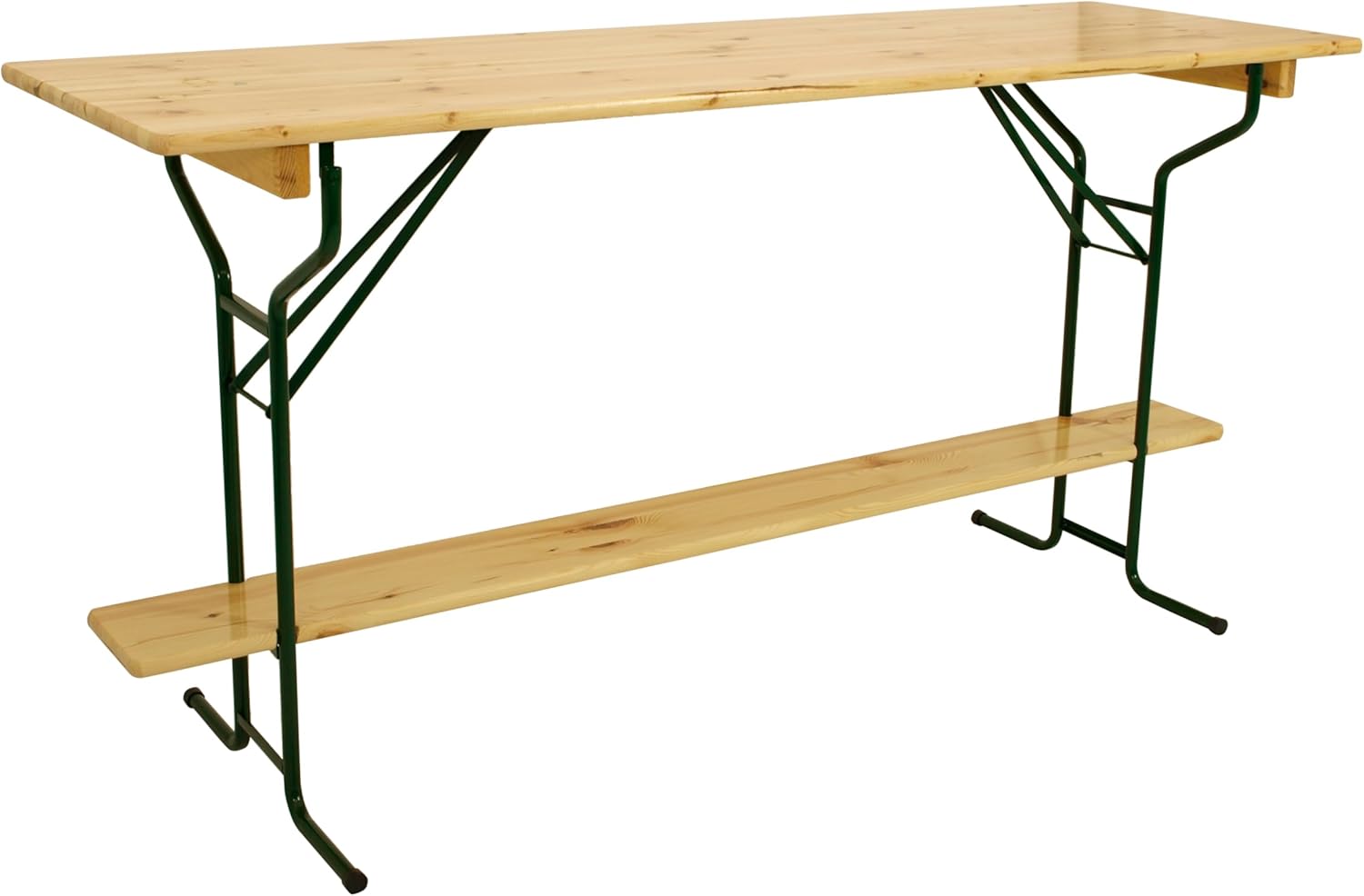 DEGAMO Stehtisch Bartisch Bamberg 70 x 220cm, Gestell Stahlrohr dunkelgrün, Tischplatte Kiefernholz transparent beschichtet, klappbar, Höhe 110cm