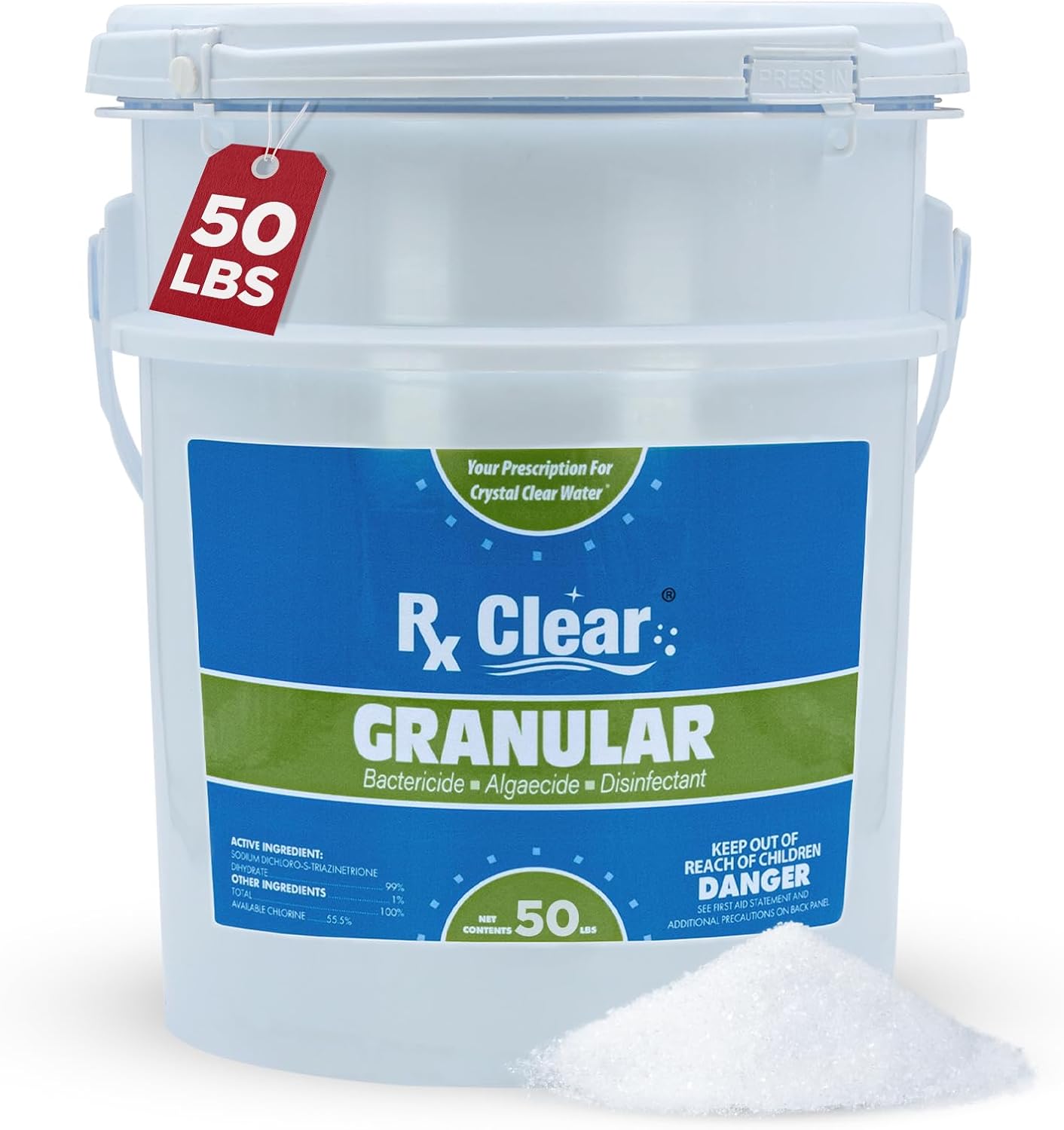Rx Clear 50 lbs Granular Pool Chlorine | Use As Bactericide  Algaecide  & Disinfectant in Swimming Pools  Hot Tubs  & Spas | Stabilized  Fast Dissolving & UV Protected