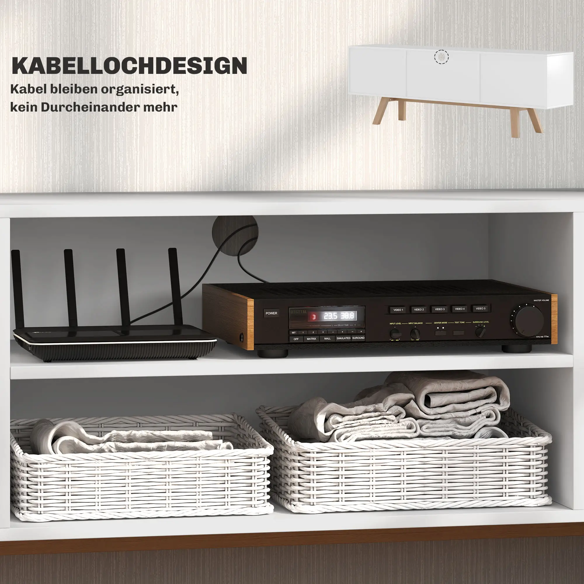 HOMCOM TV-meubel 65 inch met kabelbeheer en 2 kasten Wit