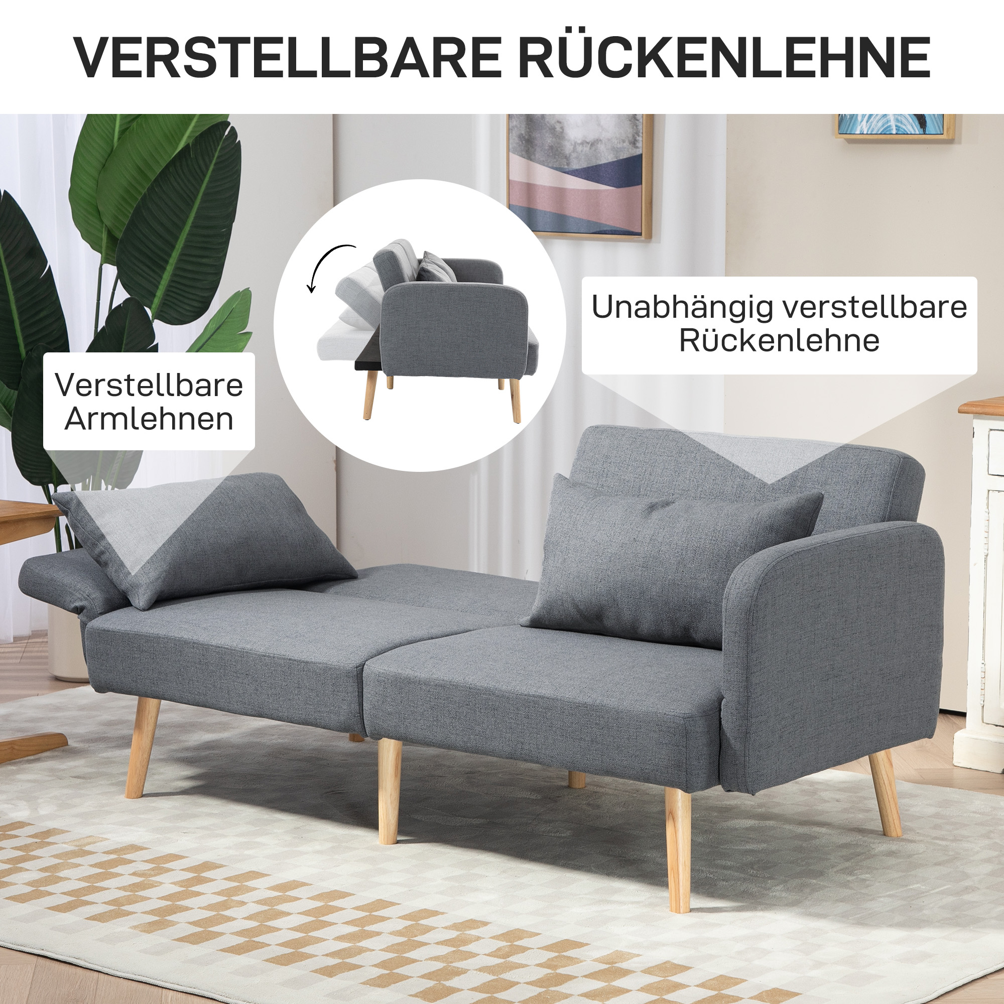3-Zits Slaapbank, Gasten Tweepersoonsbed, tot 240 kg, Opklapbare Leuningen, Houten Frame, 170 x 83 x 80 cm, Grijs