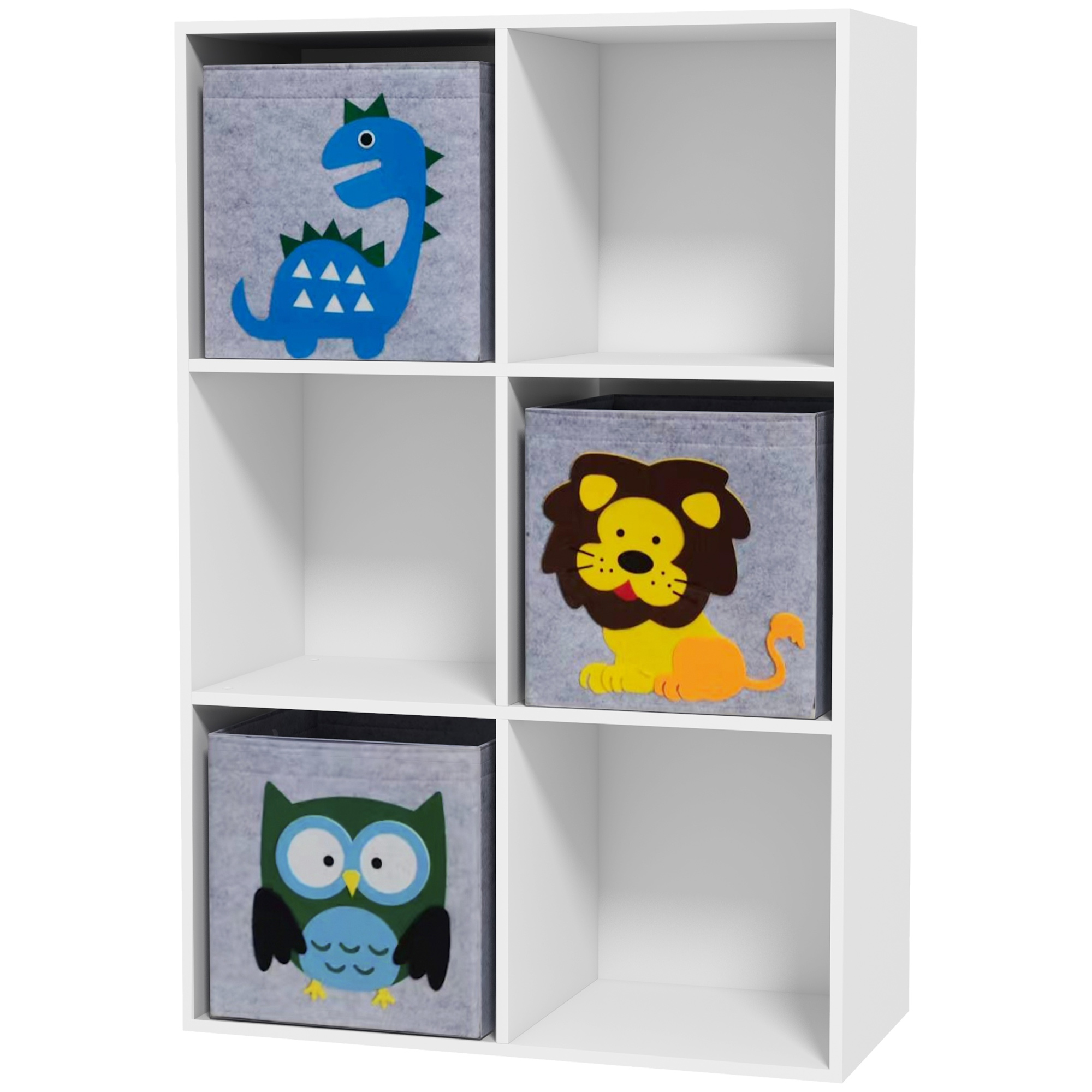 ZONEKIZ Kinderregal Bibliothek 6 Fächer 3 Würfel Stoffkörbe mit Tiermotiven für Kinderzimmer 62 x 30 x 91,5 cm weiß