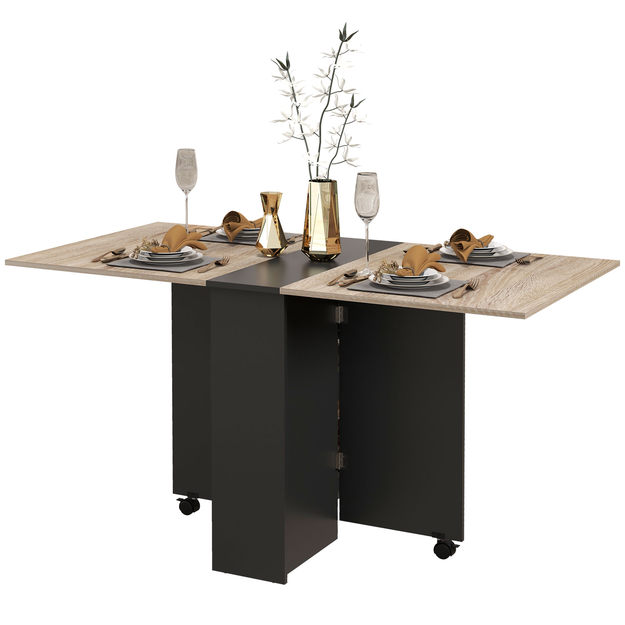 HOMCOM Klappbarer Küchen- und Esszimmertisch auf Rollen 75 x 140 x 74 cm, Eiche und Schwarz