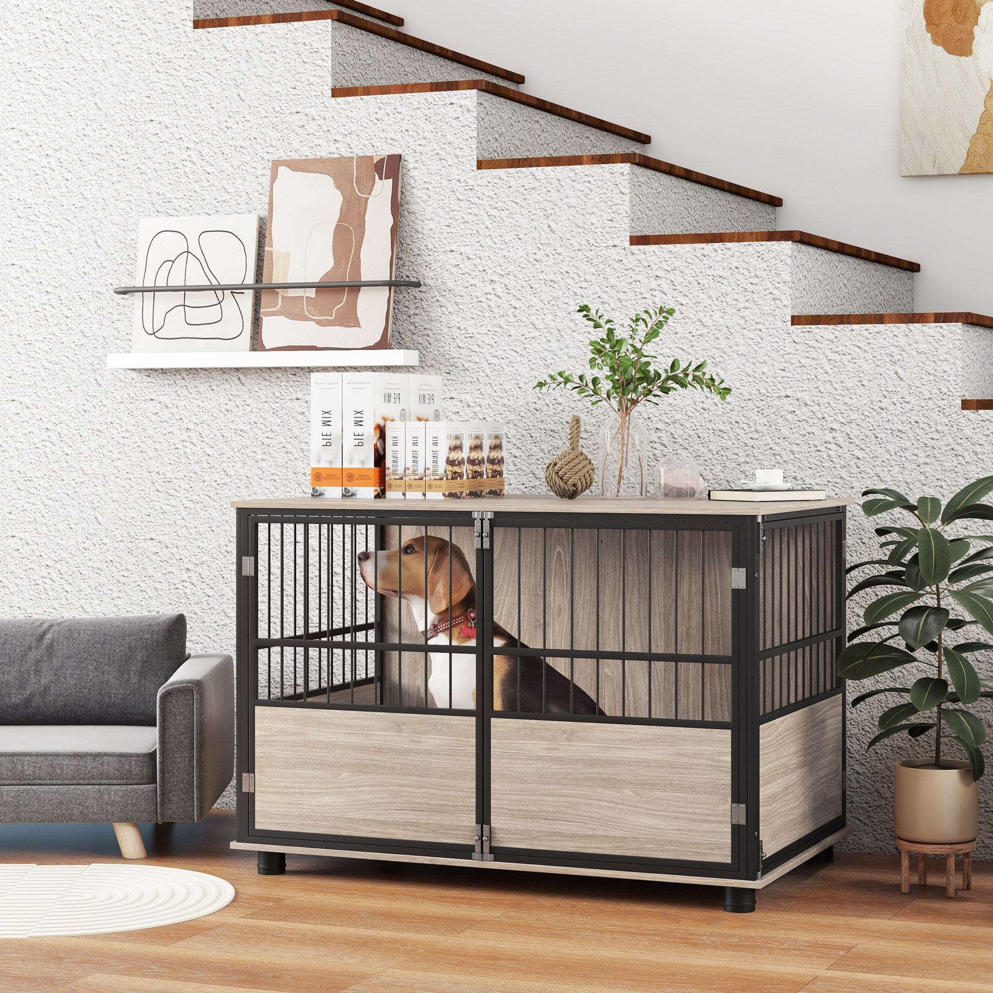 PawHut Hundebox, robust & stilvoll, 100x60x68cm, Walnussholz-Finish & Schwarz