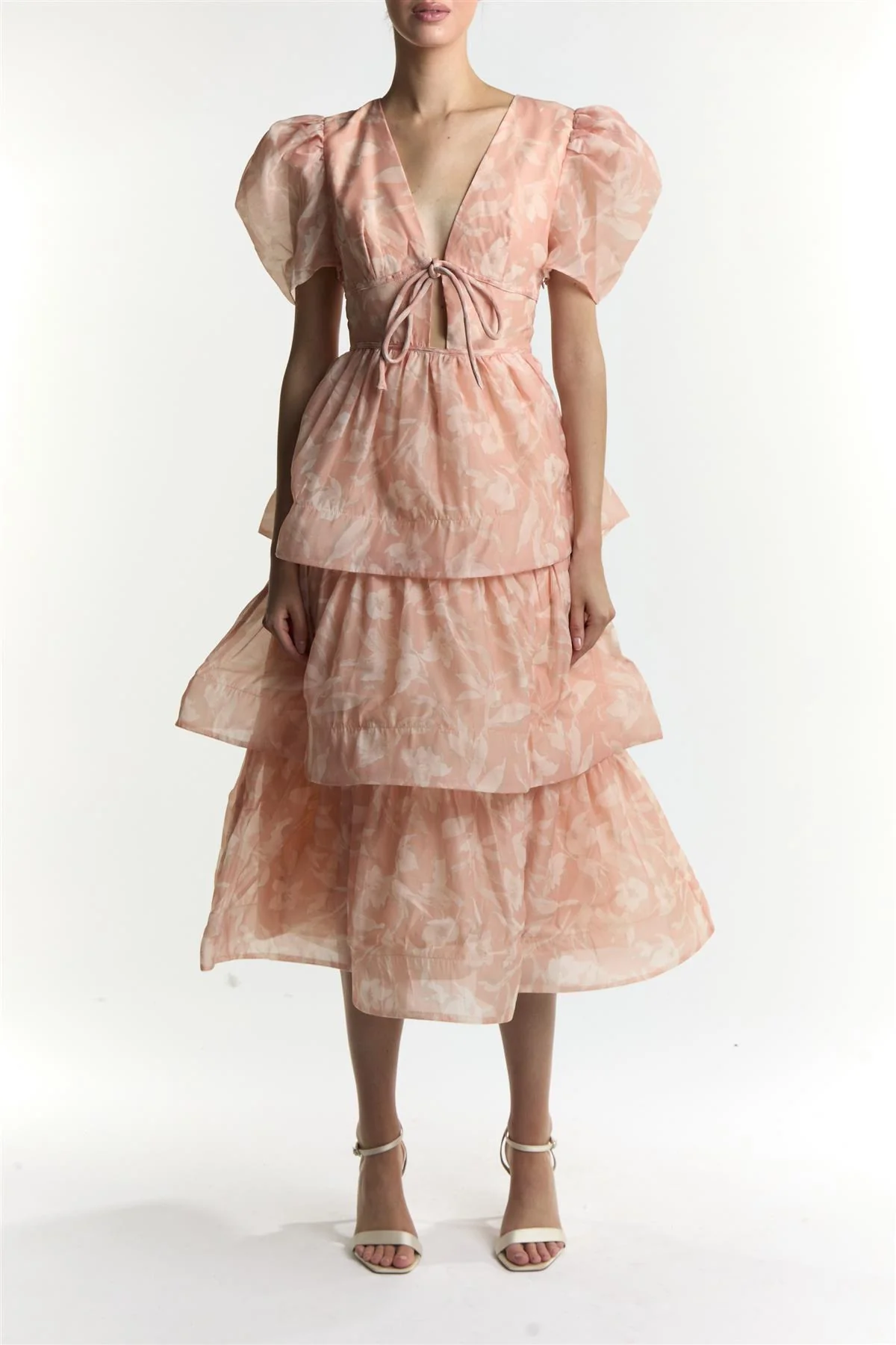 Ariella Peach Stone Floral Tiered Midi Dress