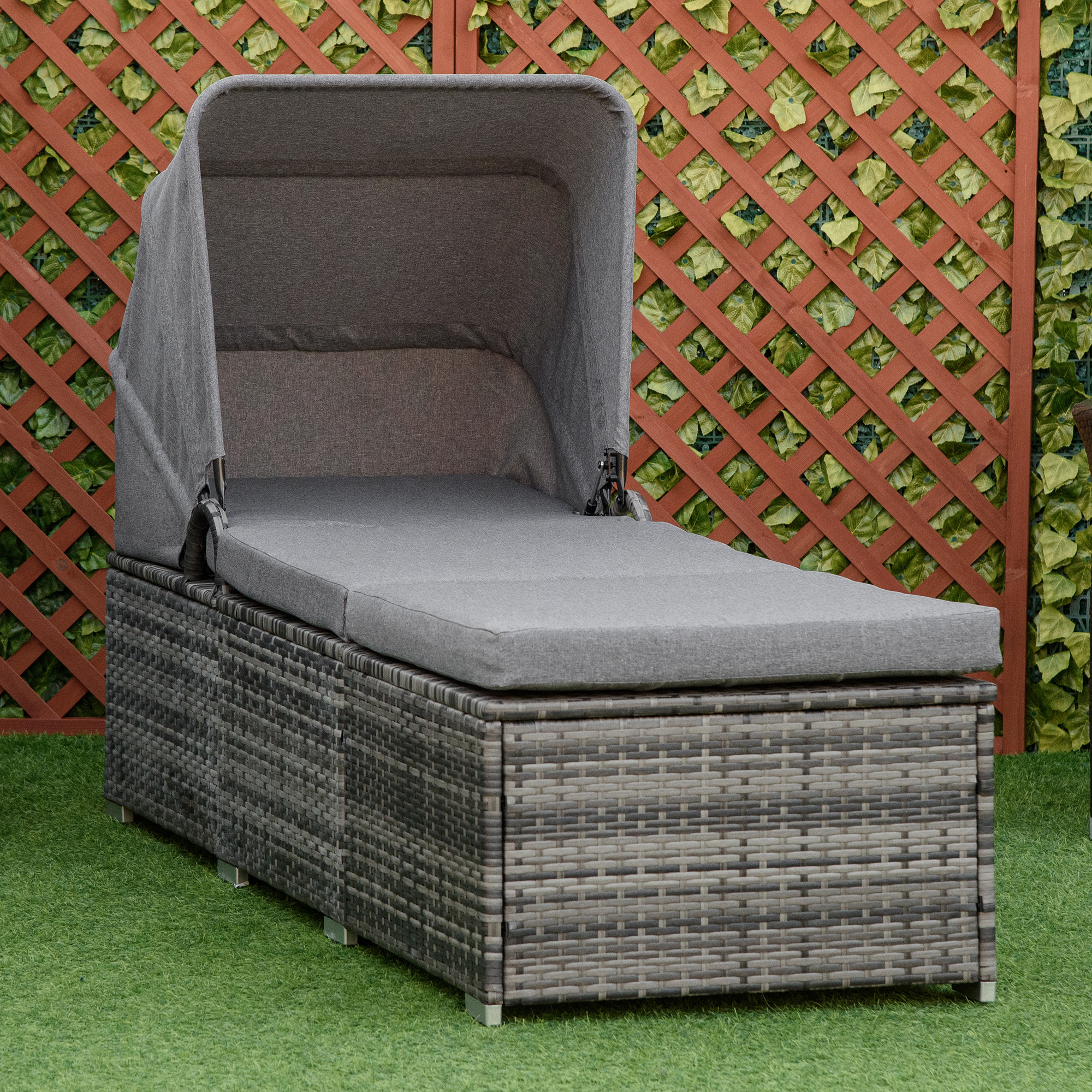 Outsunny Sonnenliege aus Polyrattan mit Sonnendach Gartenliege verstellbar Rattanliege Gartenmöbel Liege mit Kissen Grau 195 x 65 x 40 cm