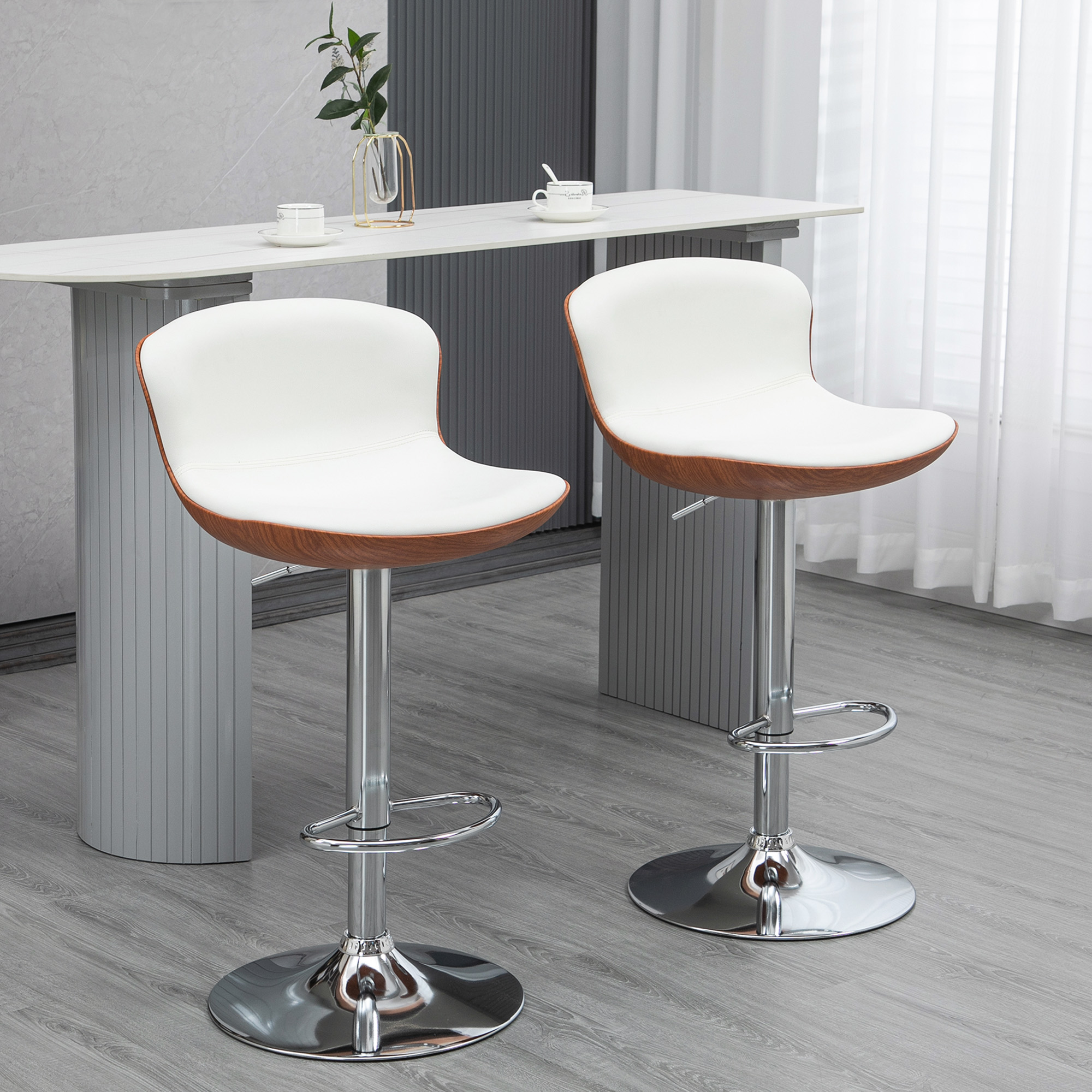 HOMCOM Set mit 2 zeitgenössischen Design-Barhockern, höhenverstellbar von 64-85 cm, 360° drehbar, Kunstlederbezug in Creme und Holzoptik