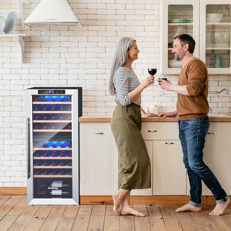 20Quot 43 Bottle Dual Zone Wine Cooler Refrigerator Freestanding Wine Cellar With 8 Wooden Shelves