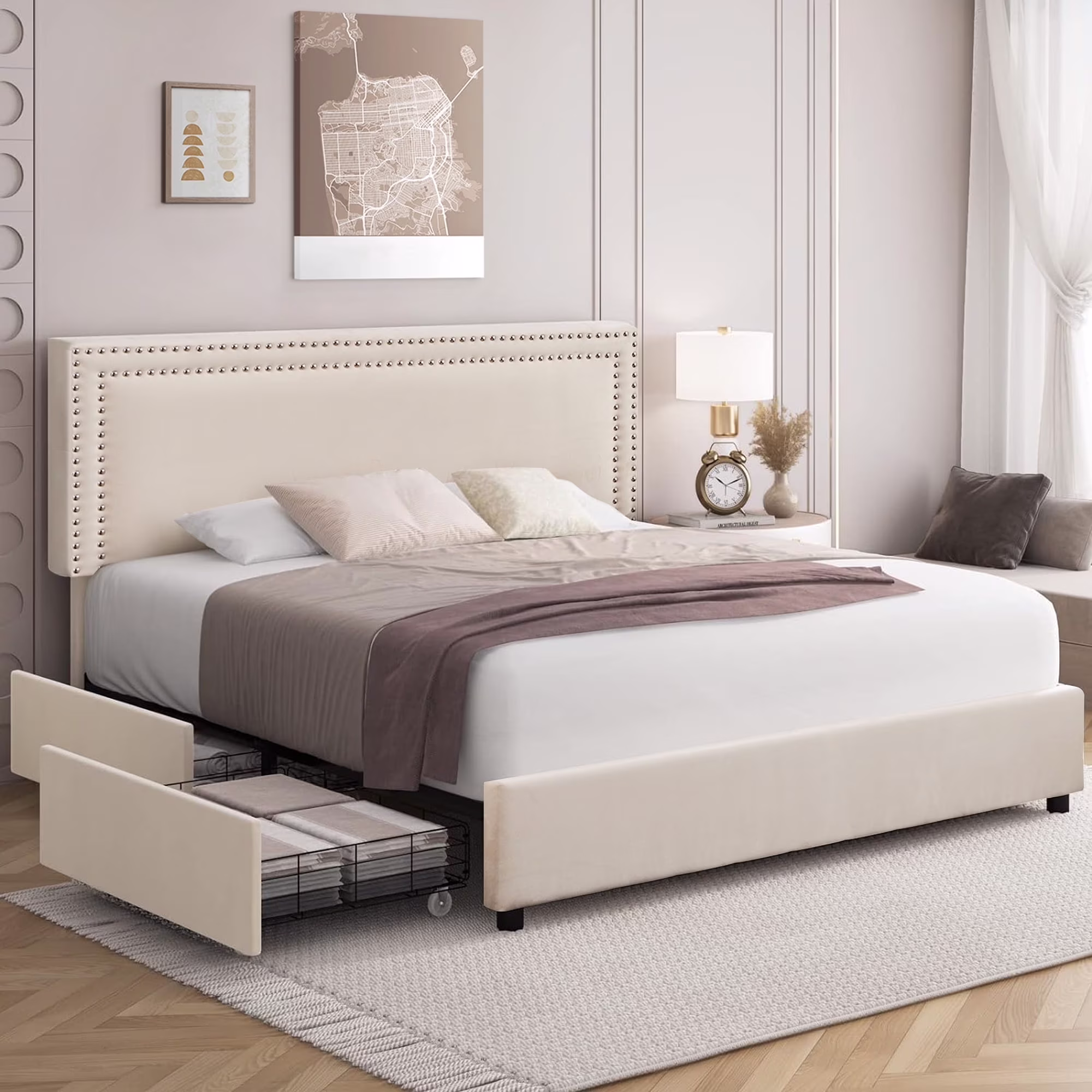 VECELO Full Bed Frame with 4 Storage Drawers (Wheeled) and Tufted Upholstered Adjustable Headboard Platform Bed, Beige