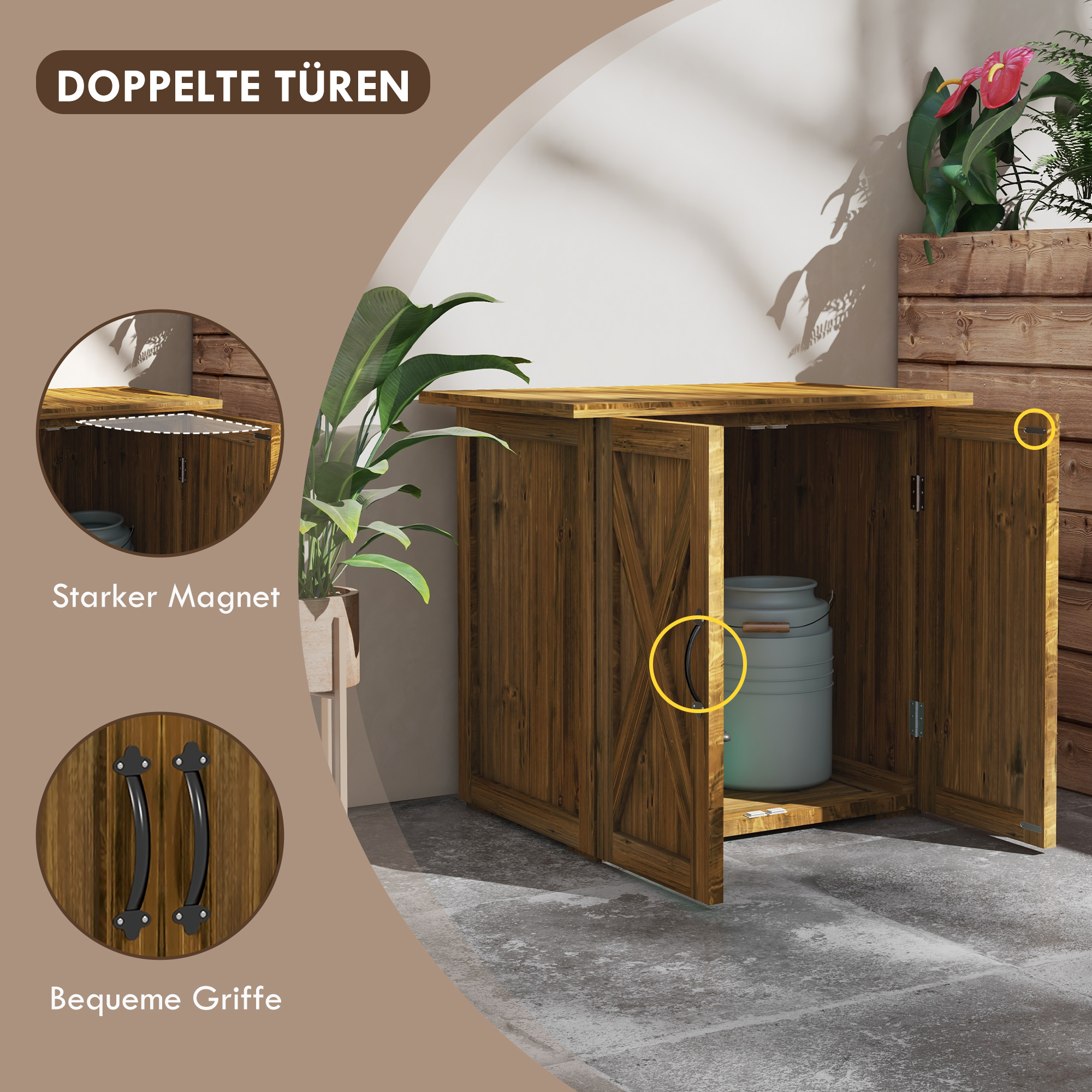 Tuinhuisje met dubbele deuren, magneetsluitingen, weerbestendig, natuurlijk hout, 77B x 55D x 72H cm, bruin