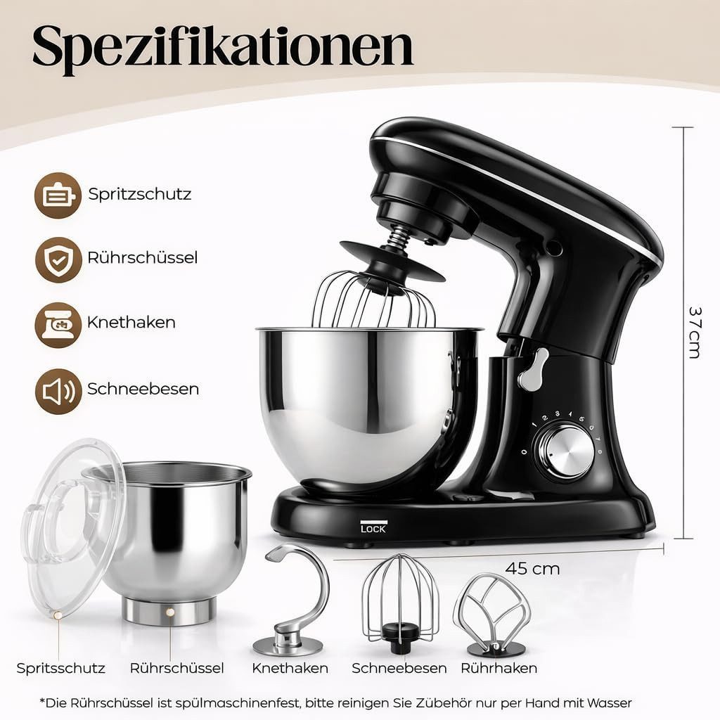 Küchenmaschine 1400W mit 5L Edelstahl-Rührschüssel Knetmaschine/Teigmaschine