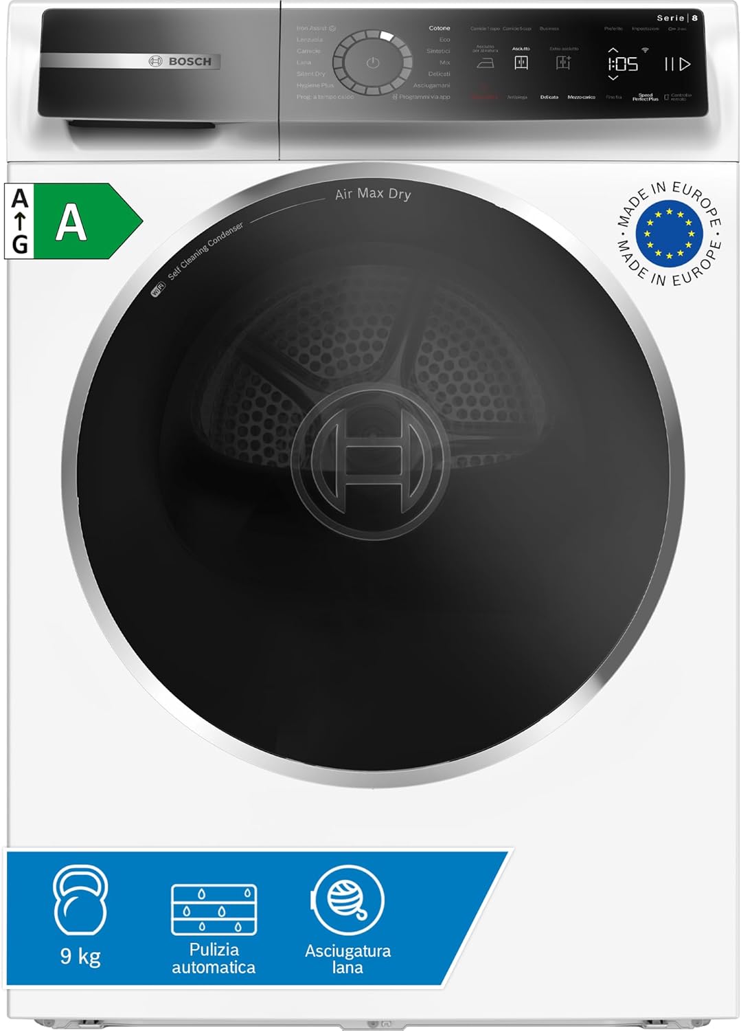 Bosch WRB247C0IT Serie 8 Asciugatrice smart a pompa di calore, 9 kg, Classe energetica A, Condensatore autopulente, Sensori di asciugatura intelligenti, Riduce le pieghe, Bianco, 60 Cm
