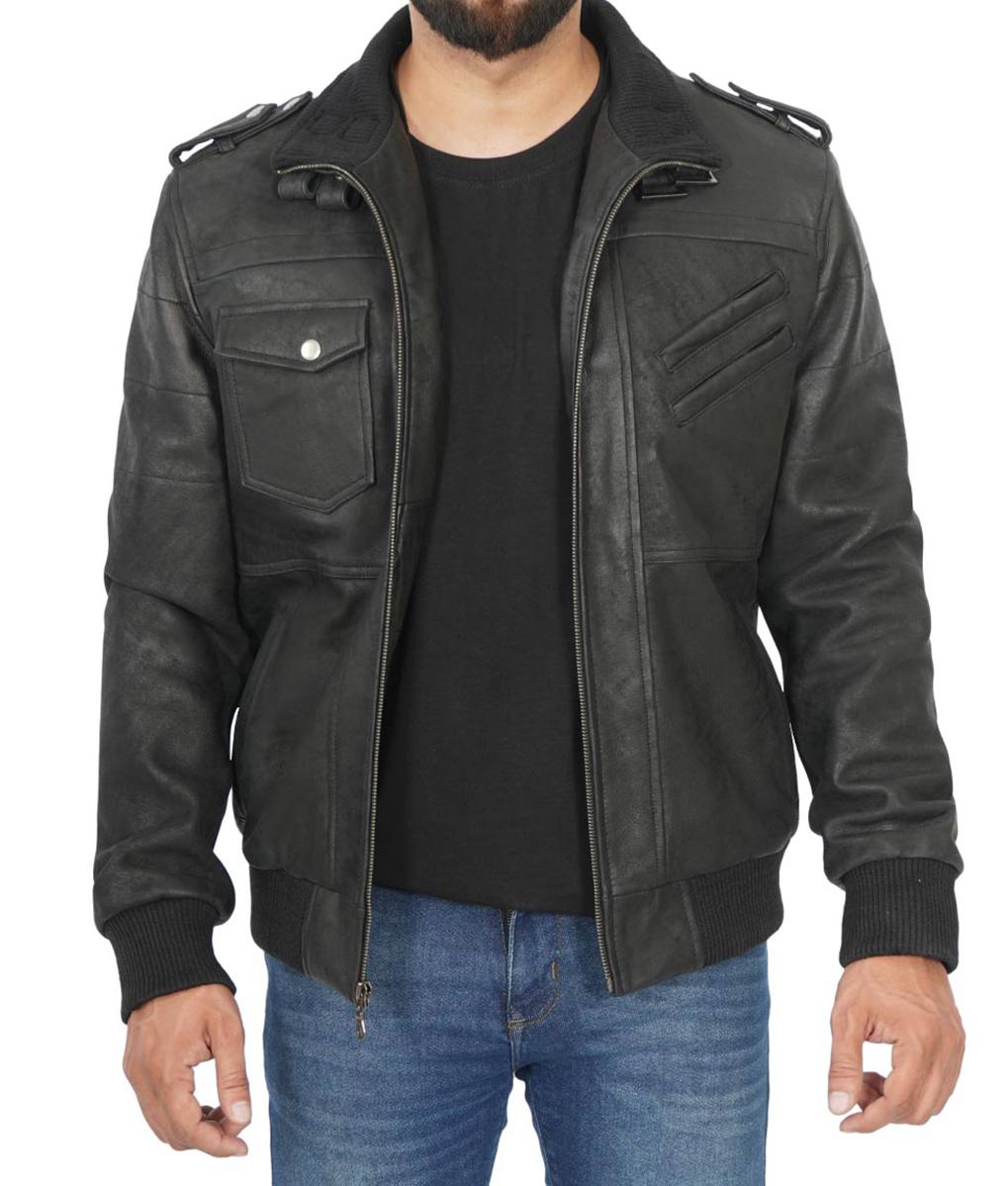 Mens Black Leather Jacket With Removable Hood