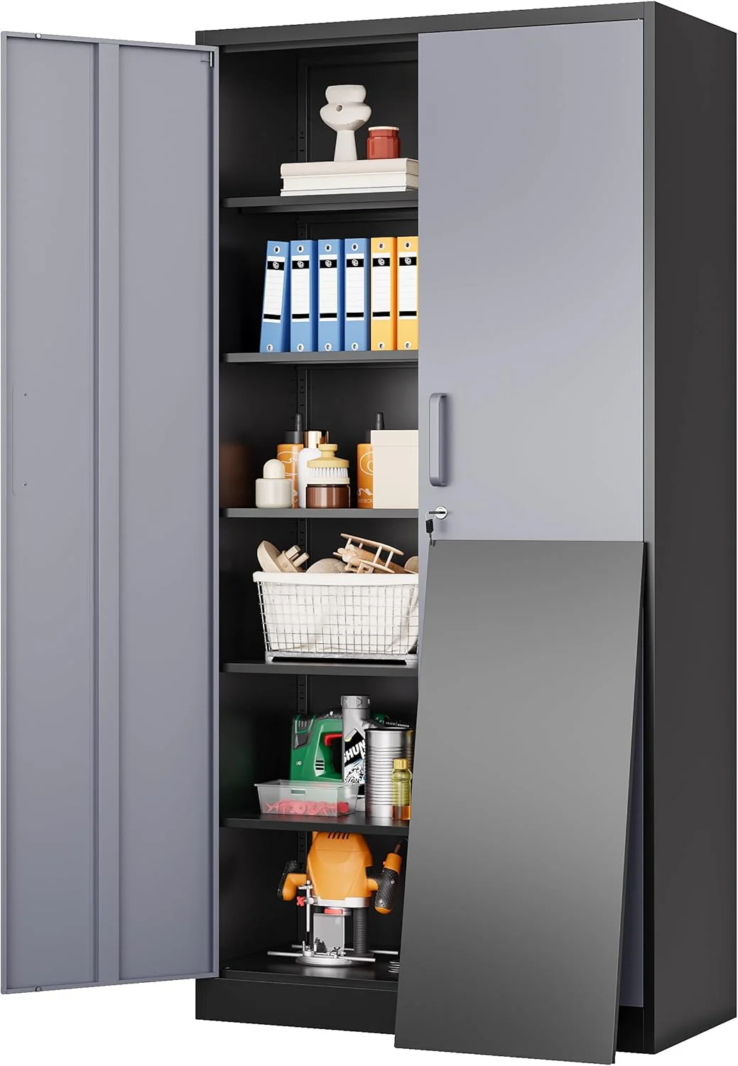 Metal Storage Cabinet with 2 Doors and 6 Shelves, Black Metal Cabinet with Lock, 71 Inch Lockable Garage Storage Cabinet