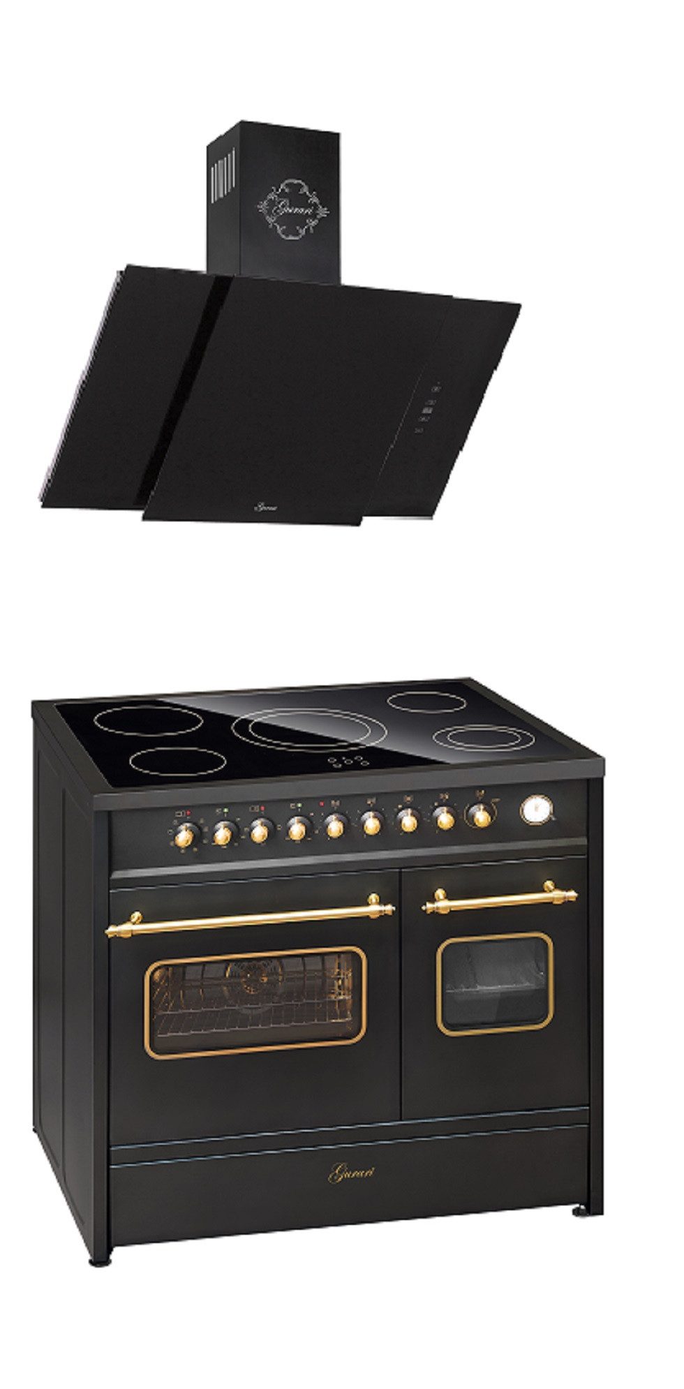 Elektro-Standherd Glaskeramik Herd 90 cm Schwarz Range Cooker Elektro Doppelbackofen mit Dunstabzugshaube 90cm Wandhaube,Schwarz, Schwarz Glas,1000m³/h GCH E 912 DF BL r+GCH S 171 90 BL PRIME