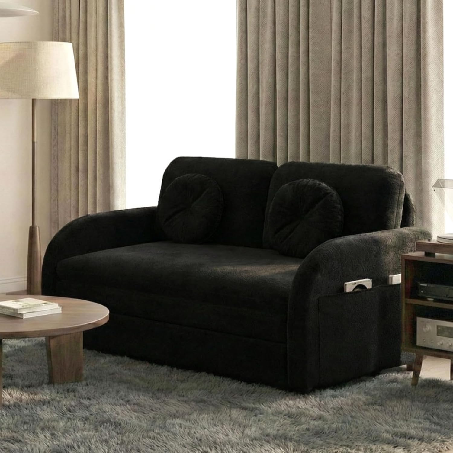 3-in-1 Sleeper Sofa Loveseat with Pull-Out Bed, Chenille Convertible Couch with Double-Layer Cushions, USB Ports & Storage Pockets for Living Room and Apartment (Black, 52.4