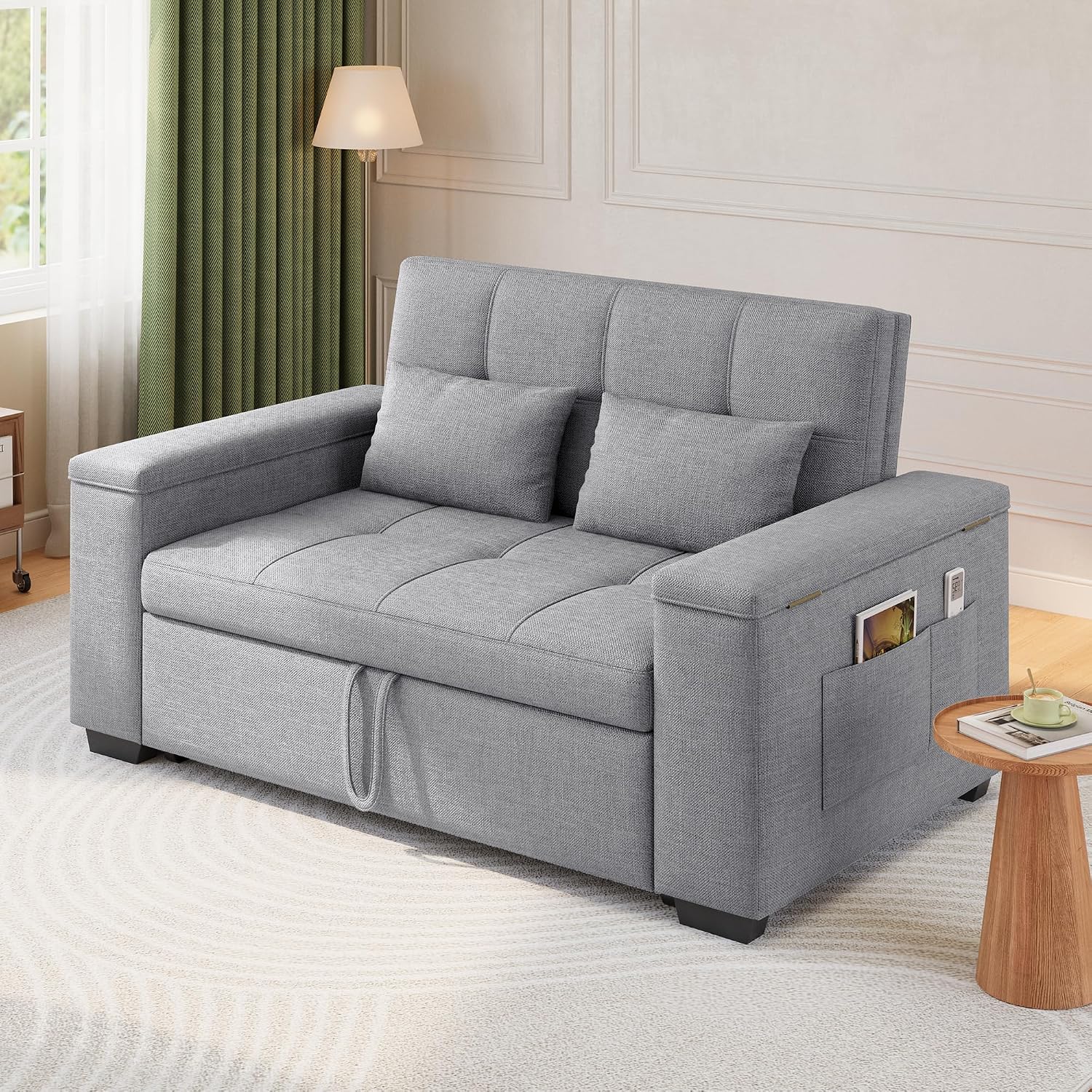 Xbro Divano Letto 2 Posti in Lino, Letto Esteso 175x116 cm, Convertibile 3 in 1 con 2 Cuscini e Tasche Laterali, Compatto Salvaspazio per Soggiorno e Camera Ospiti, 156x74x84 cm, Grigio Chiaro