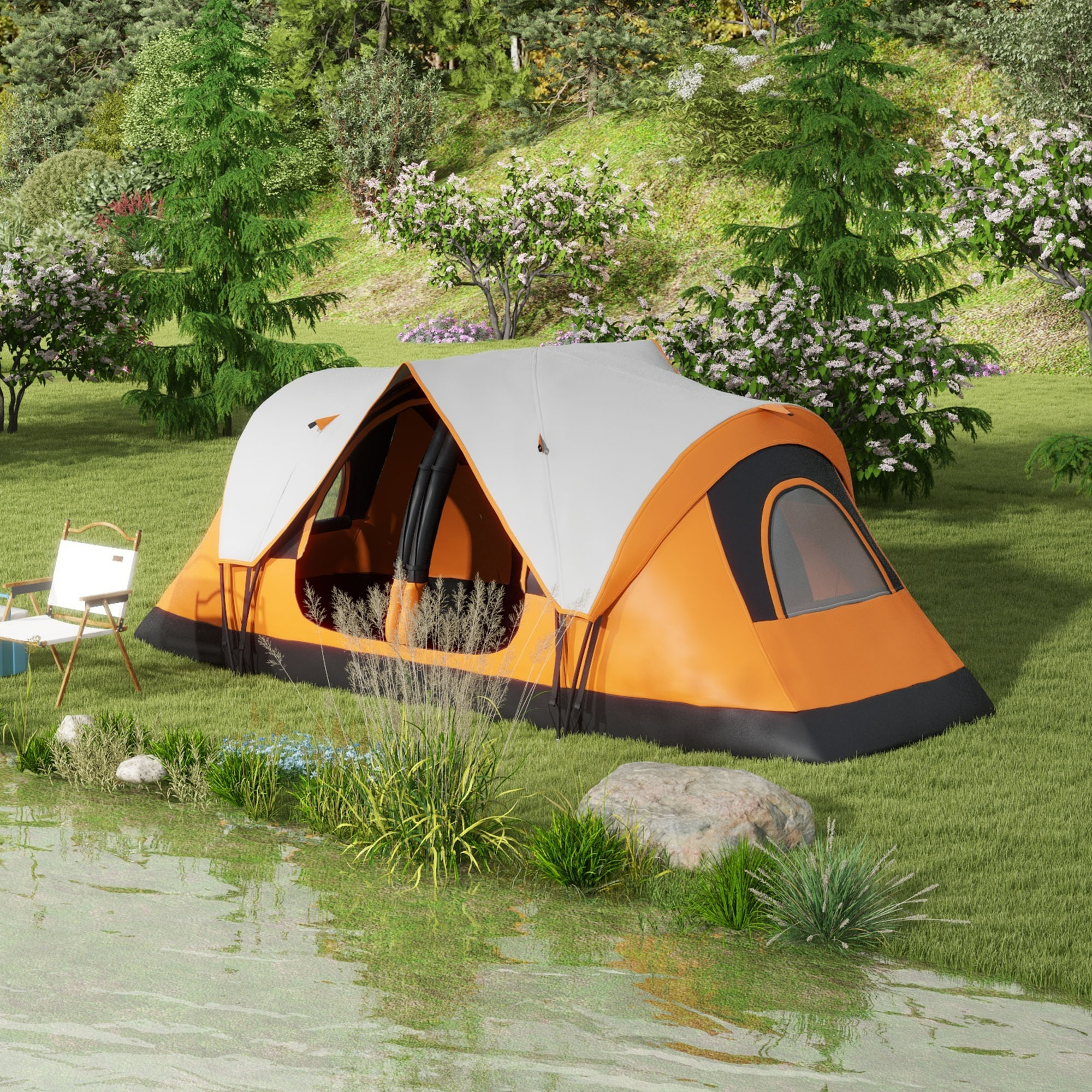 Outsunny Campingzelt, 2 Räume, Trennwand, für 6-8 Personen, Regenschutz, Orange
