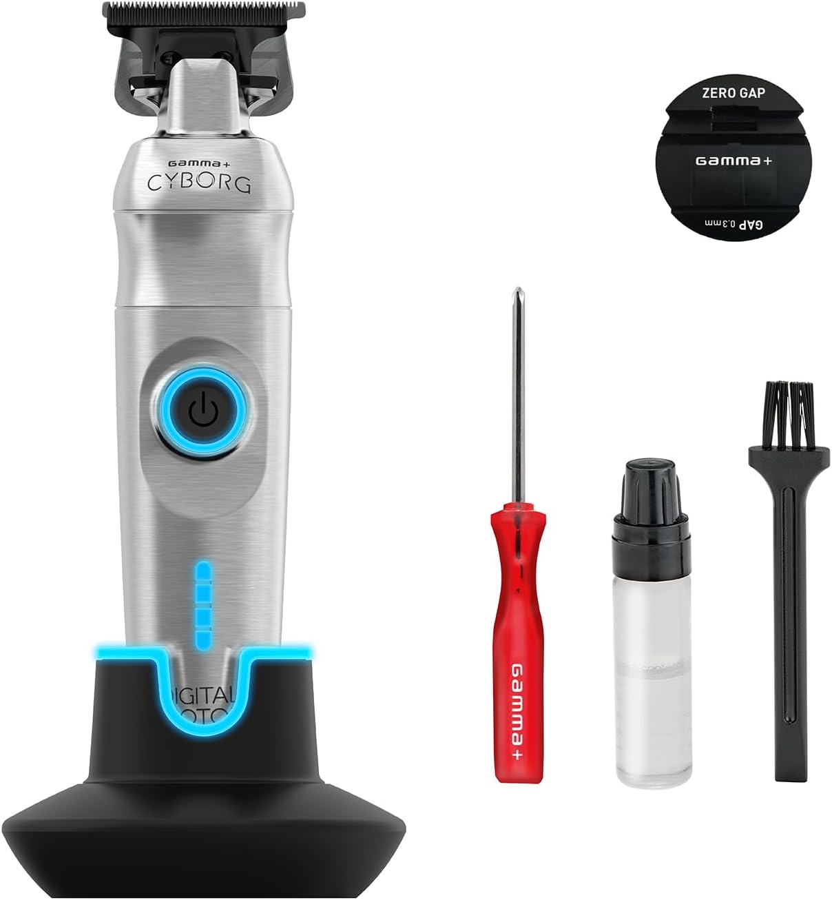 GAMMA+ Cyborg Trimmer Tagliacapelli Uomo Professionale, Regolabarba con Motore Digitale Brushless, 180 Minuti di Autonomia Senza Fili, Lama Regolabile 0 Gap, Corpo in Metallo