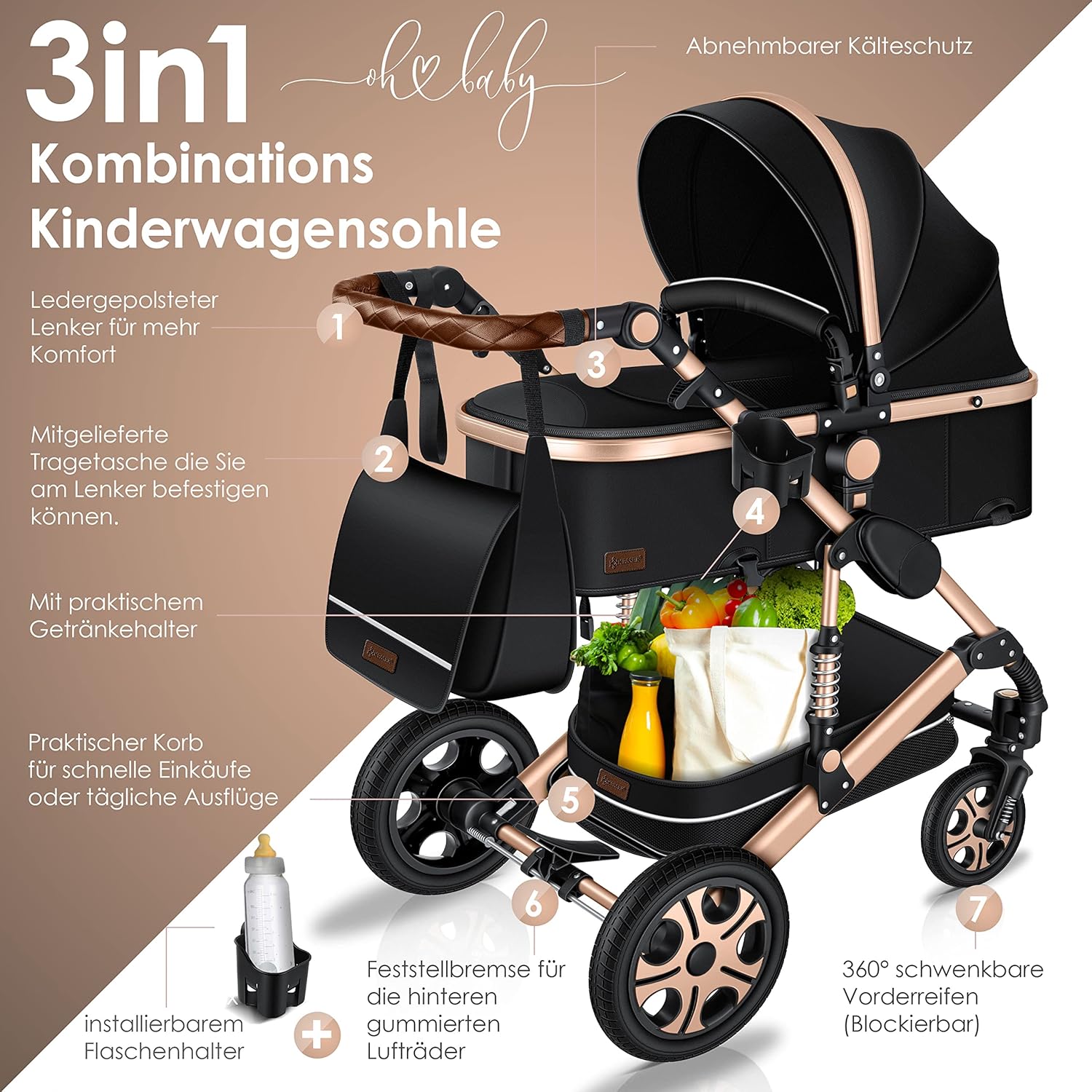 KESSER® Loops 3 in 1 Kinderwagen Kombikinderwagen Komplett-Set inkl. Babywanne & Buggy Sportsitz & Auto-Babyschale Voll-Gummireifen Wickeltasche Regenschutz Kindertisch ECE R129, Schwarz/Schwarz