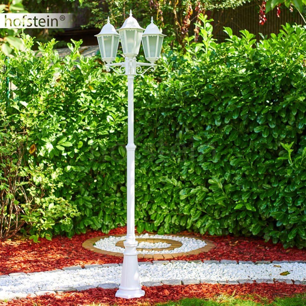 HOFSTEIN Kandelaber Hongkong, Außenwegeleuchte aus Metall/Milchglas in Weiß, Wegebeleuchtung 220 cm, 3 x E27, IP44, Wegeleuchte im Retro/Vintage-Design für Garten, Außenbereich, Hof