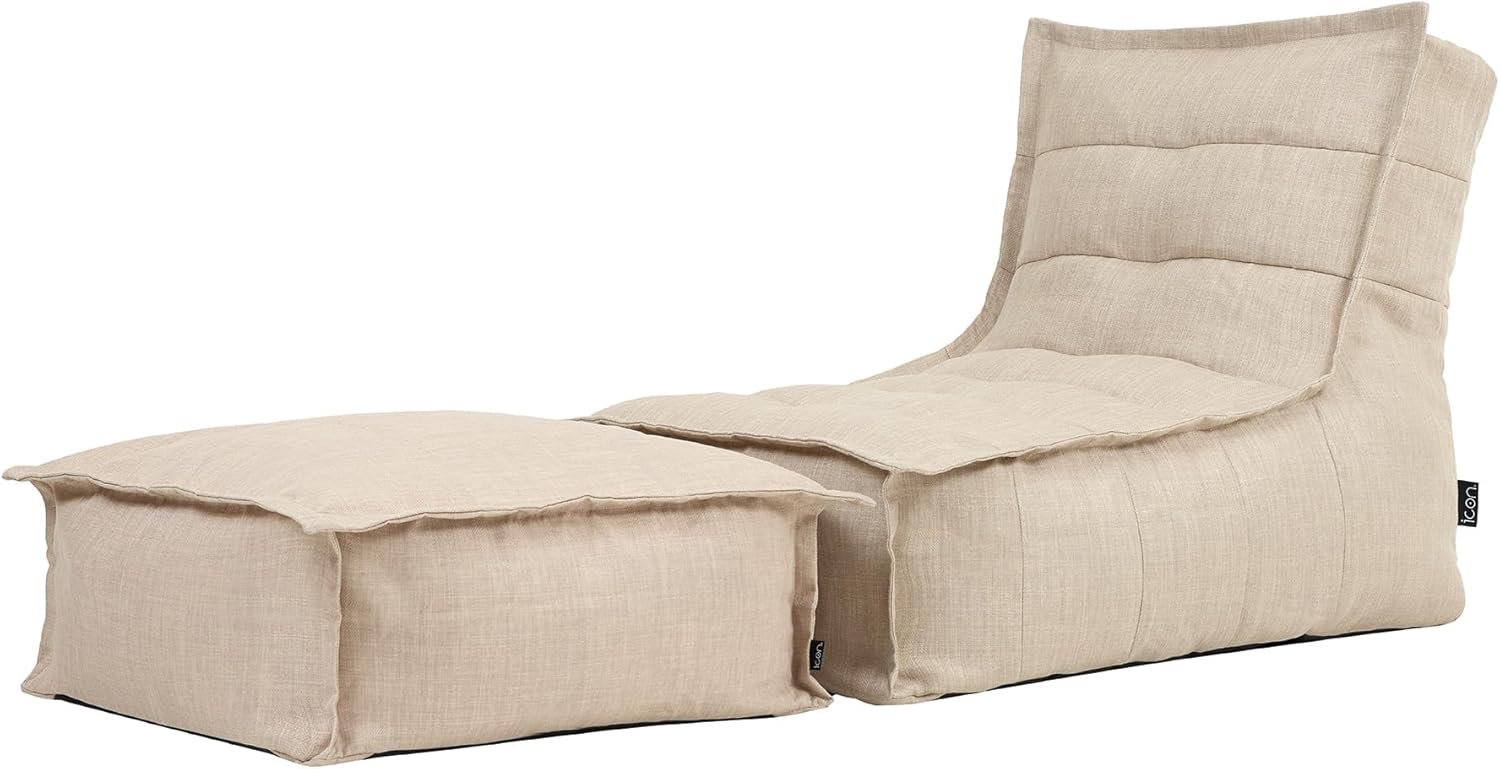 Icon Dolce Sitzsack mit Hocker für Erwachsene, Beige, Indoor Outdoor Sitzsack mit Füllung, Bean Bag, Wasserabweisender Stoff, Bequemer Sessel für Wohnzimmer, Lounge, Schlafzimmer, Garten