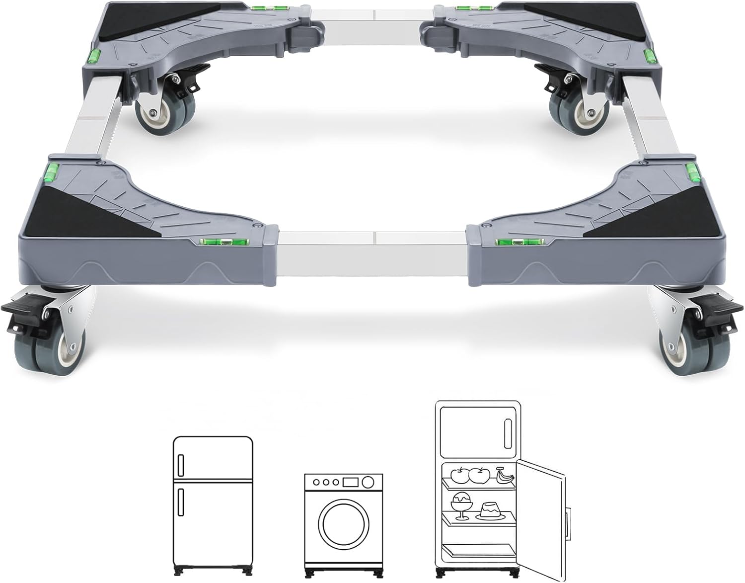 W B D WEIBIDA Washing Machine Trolley with 4 Locking Wheels and 8 Padded Feet, Heavy Load 300 kg Washing Machine Base, Adjustable Width 40-62 cm, Height 11-12.5 cm Mobile Washing Machine Dryer