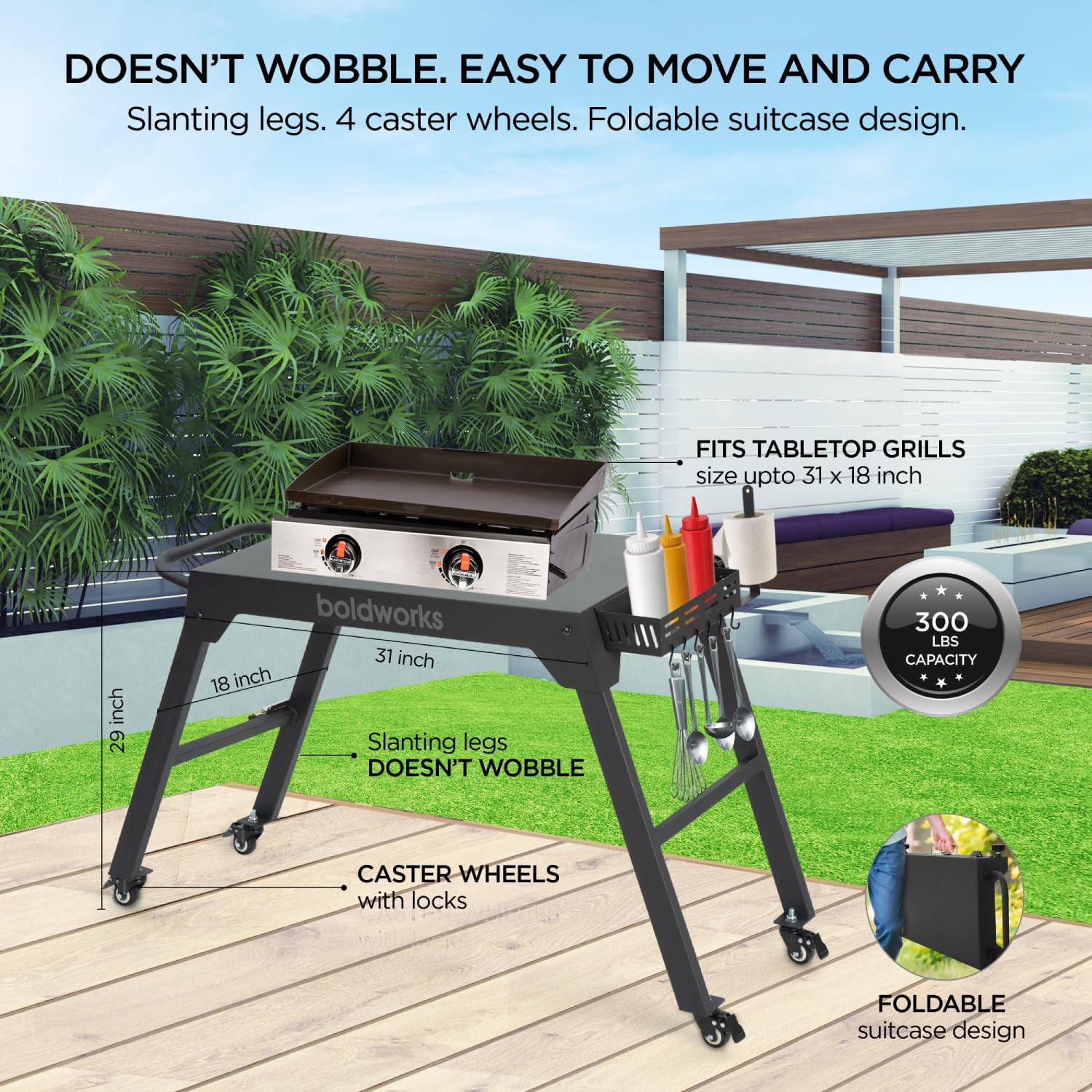 Portable Griddle Stand for Blackstone 17" and 22" Table Top Grills, Ninja Woodfire Outdoor Grill Cart with Wheels   BBQ Spice Rack and Tissue Holder
