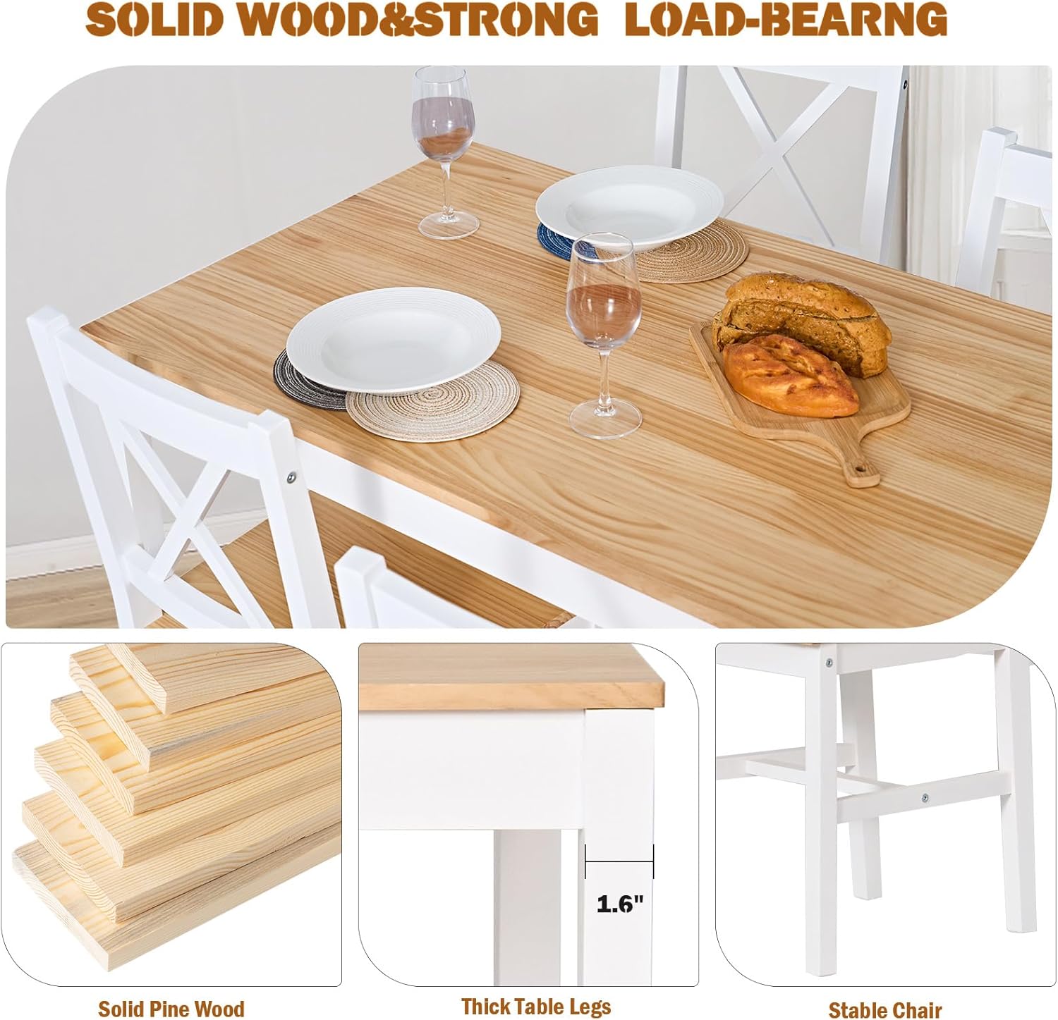 DlandHome Set di 5 pezzi tavolo da pranzo con 4 sedie, set di mobili da cucina in legno di pino teak/bianco