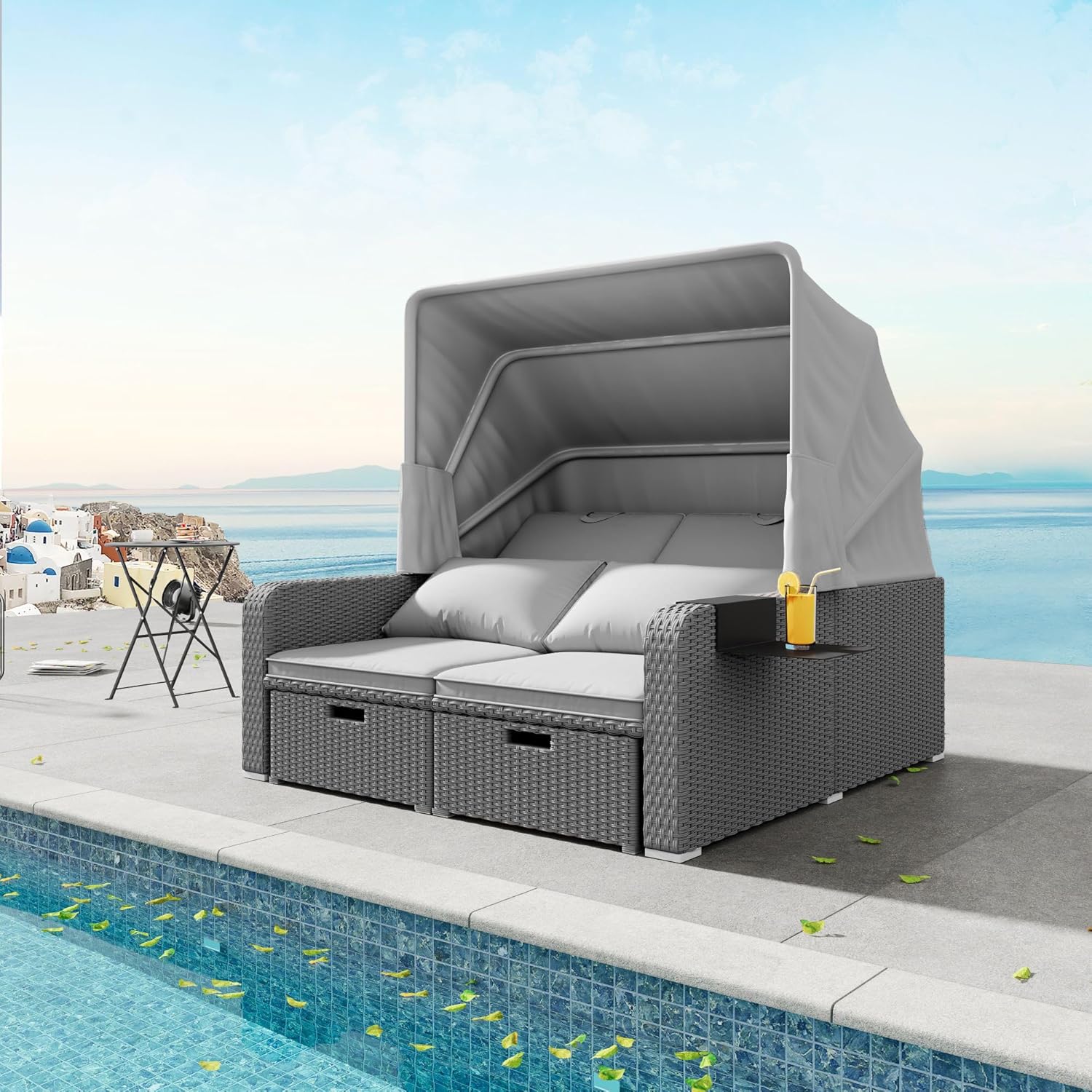 Polyrattan Gartenmöbel für 2 Personen, Gartensofa, Loungesofa, Abnehmbare Markise, Polyrattan und Schwamm, Gray