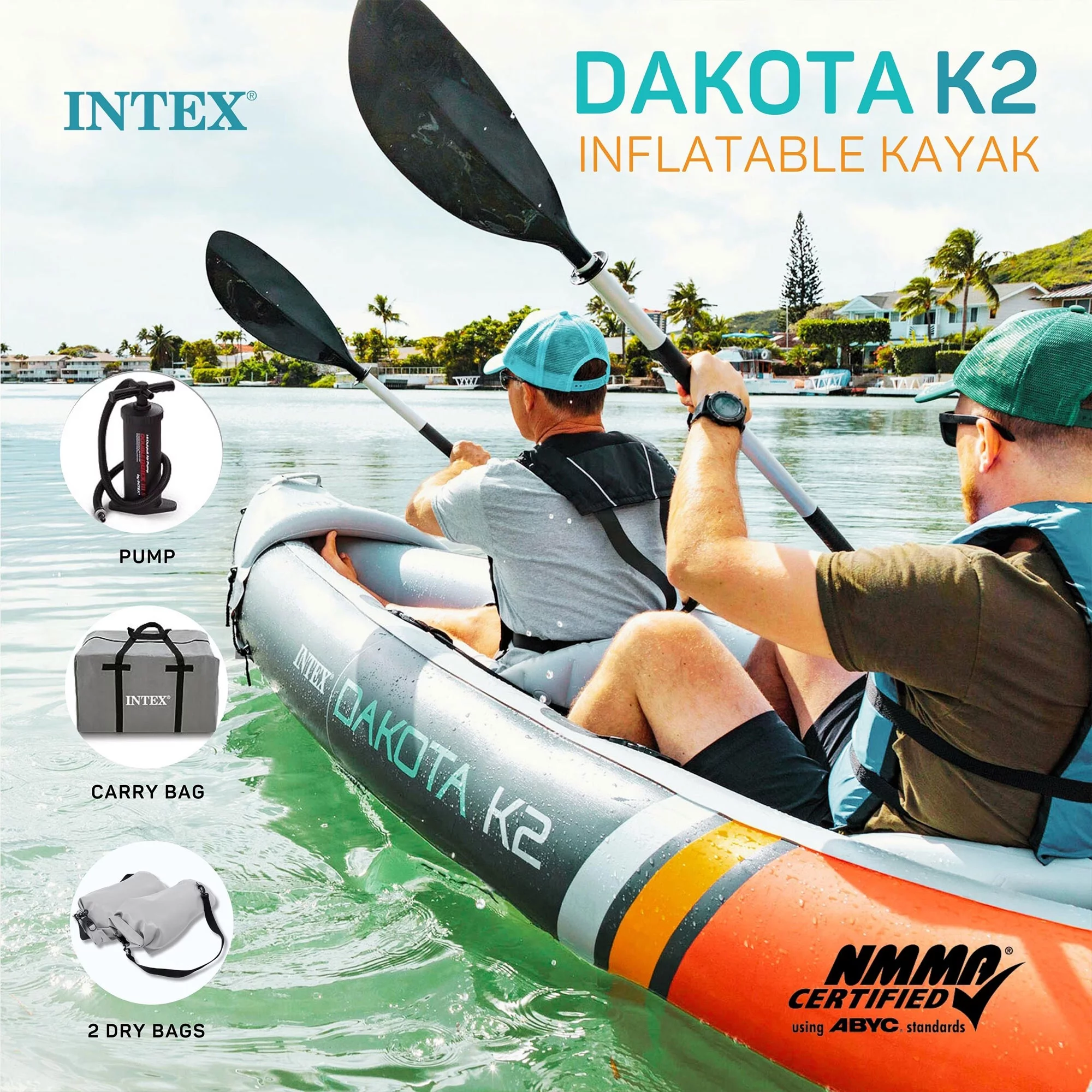 2025 Intex Dakota K2 Kayak inflable de vinilo para 2 personas, con remos y bomba – Caja abierta