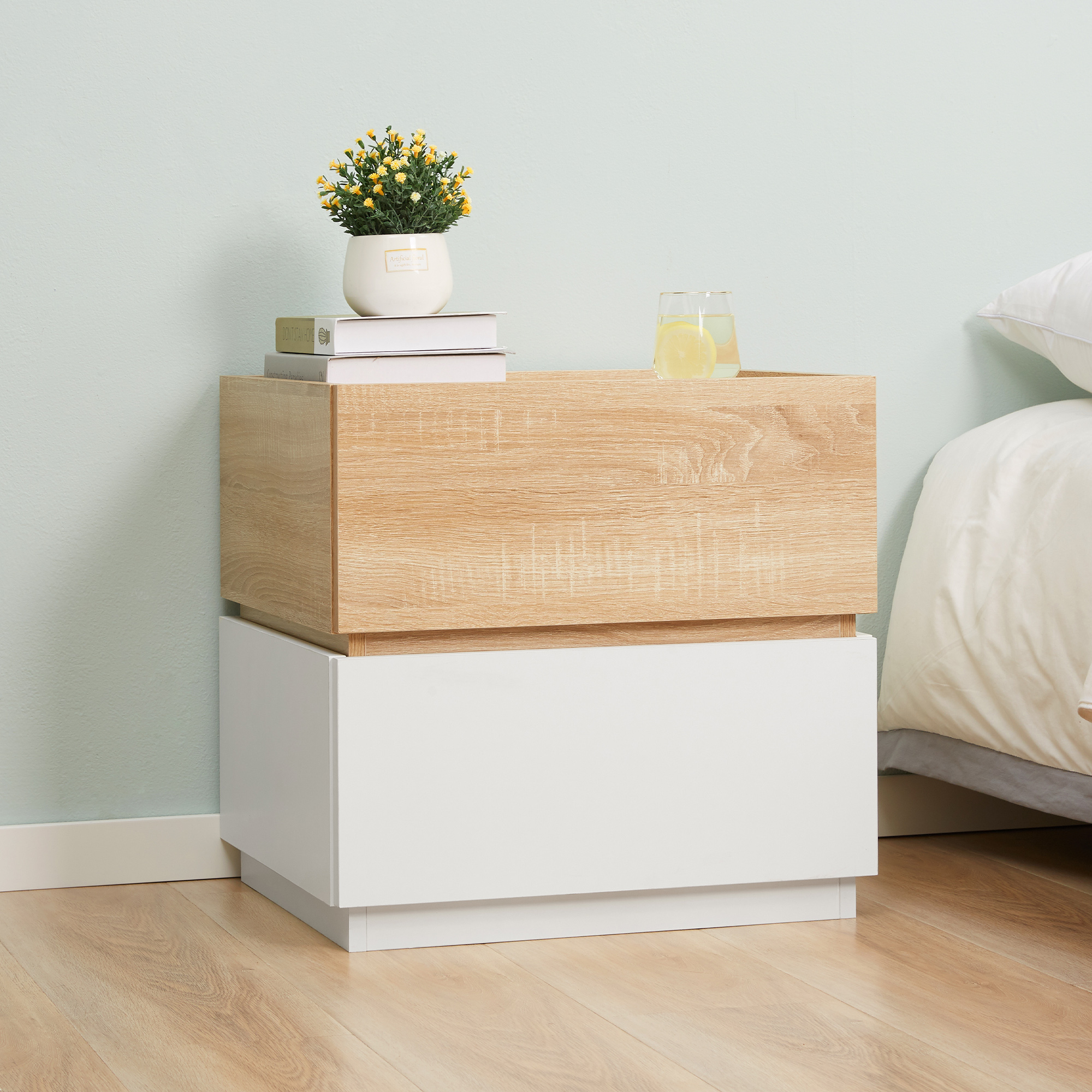 HOMCOM Nachttisch aus Holz mit 2 Schubladen, modernes und stapelbares Design, 50x40x47,5cm