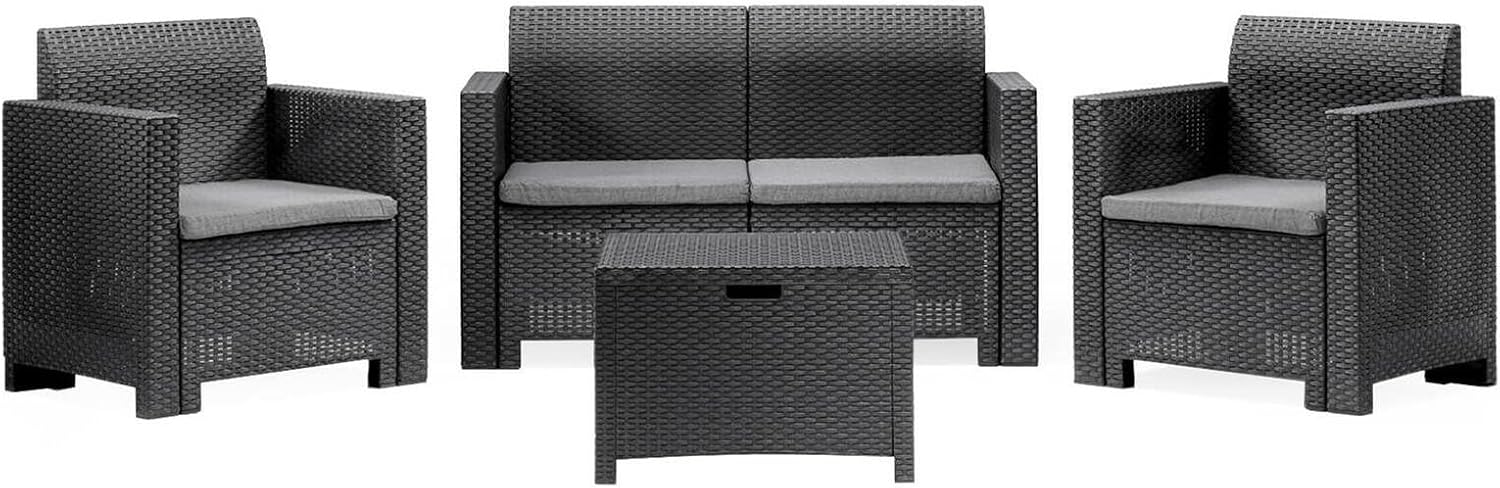 Dmora - Set salotto da esterno Venere, Set da giardino con cuscini, Salottino indoor e outdoor effetto rattan, 100% Made in Italy, Antracite
