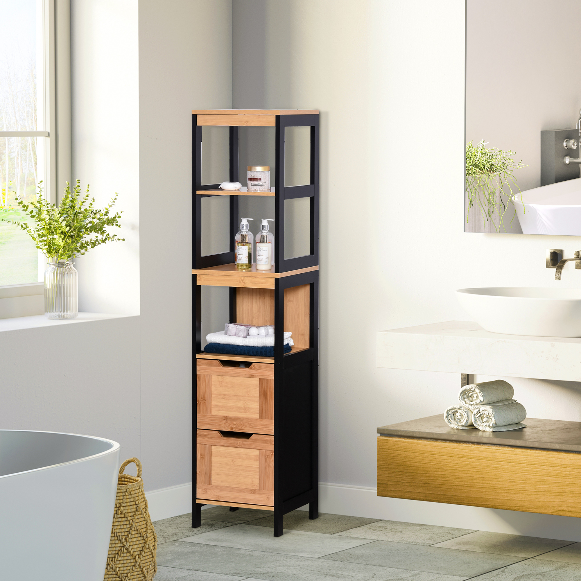 kleankin Badezimmerregal, Badeschrank, Küchenschrank, 2 Schubladen, 3 Ablagen, Bambus MDF, 30 x 30 x 144,3 cm