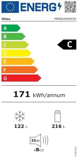 Midea MERB345MGC02 Kühl-/Gefrierkombination/No Frost/185 cm hoch / 59,5 cm breit /70 cm tiefe/171 kWh/Jahr/216 L Kühlteil/ 122 L Gefrierteil/Twin Control/mit Chiller Box, Front Inox