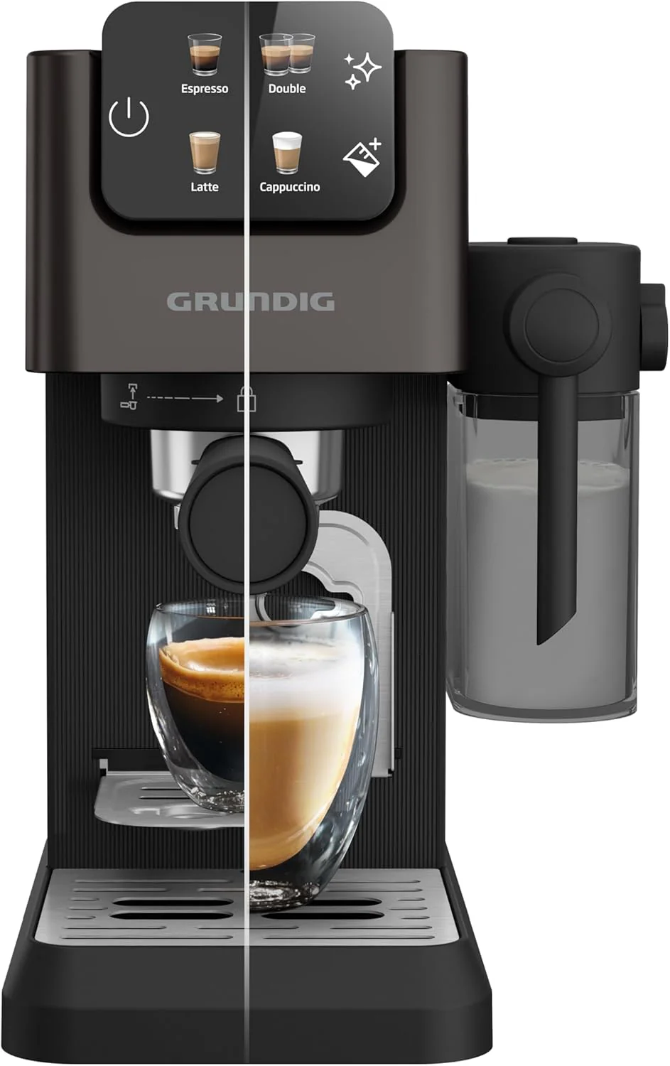 GRUNDIG KSM 5330 Espressomachine met ge?ntegreerd melkreservoir, 1628 W vermogen, 15 bar pompdruk, dubbele tuit, kleuren-touchscreen, BrewSense, CreamyPro, donker inox/zwart