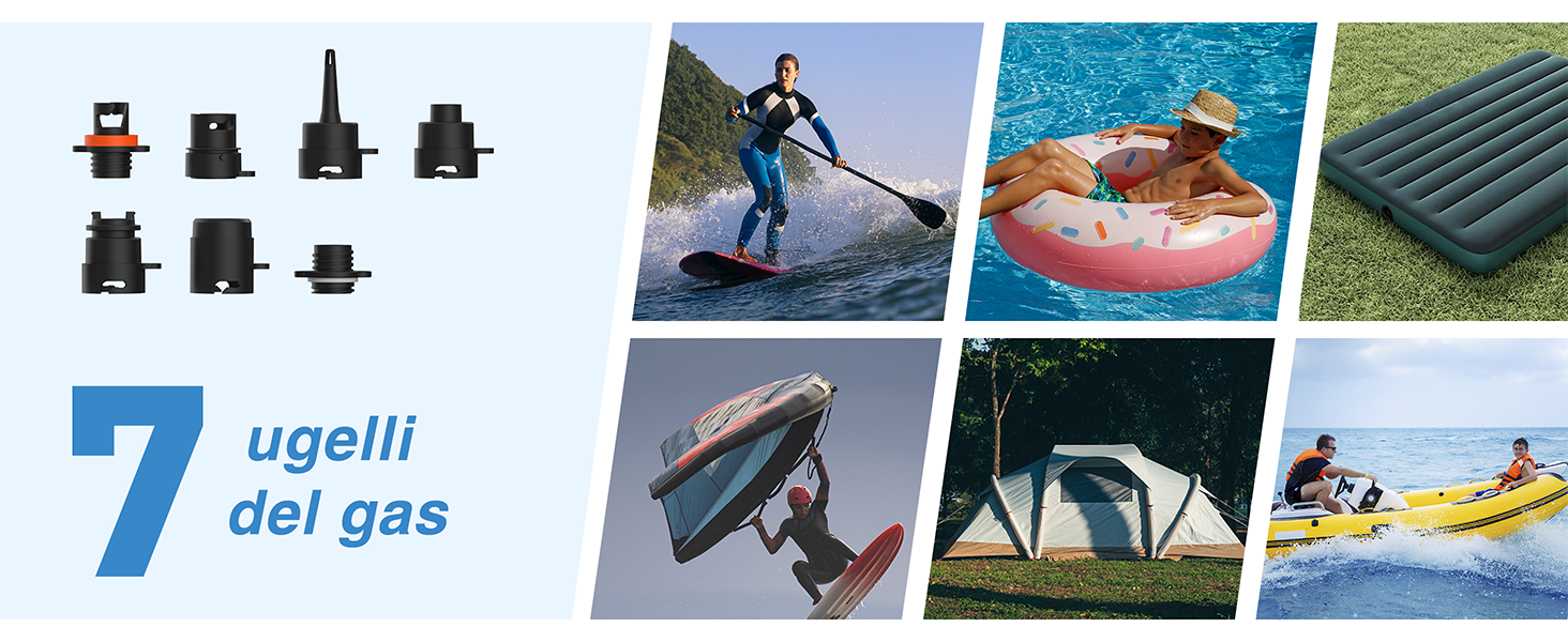 Il testo recita: ?7 ugelli del gas?. Collage di foto di attività all'aperto che mostrano sport acquatici e attività ricreative con piccoli accessori neri mostrati in alto a sinistra.