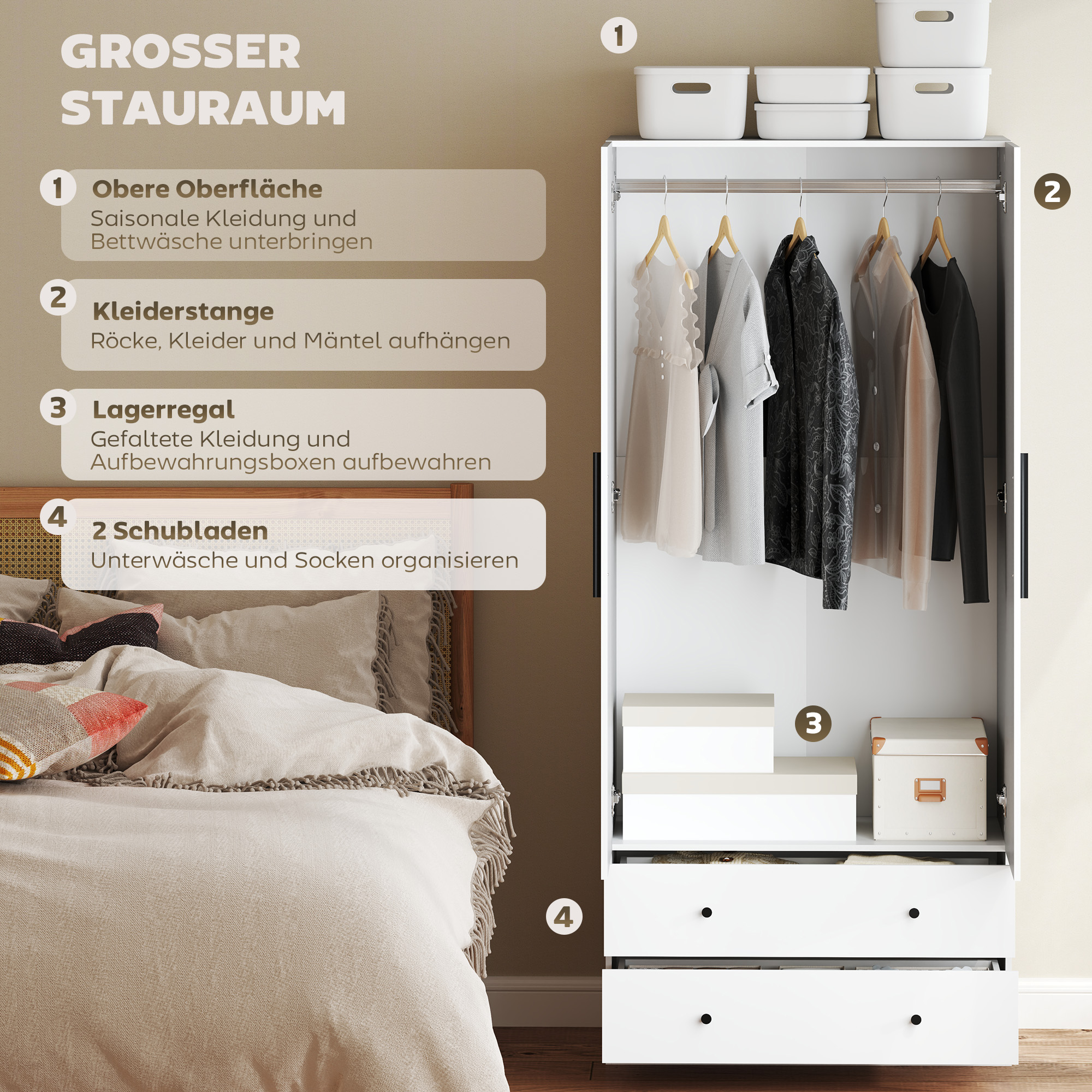 Garderobekast, 2-Deurs, Hangruimte, Kledingstang, 2 Laden, Spaanplaat, Wit