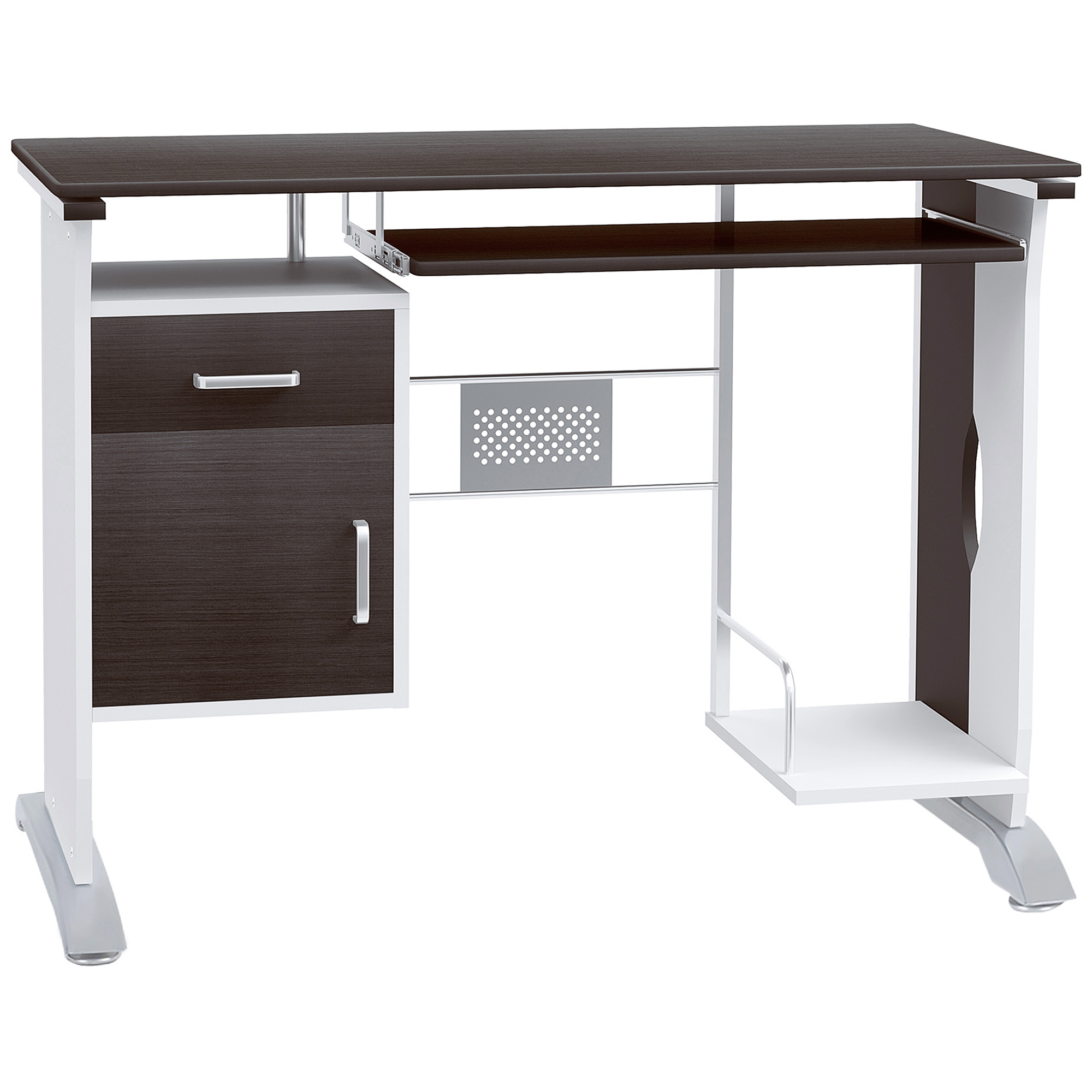 HOMCOM Computertisch mit 1 Schublade, 1 Schrank, 1 Tastaturablage, Schreibtisch. Bürotisch, MDF Schwarznuss+Silber