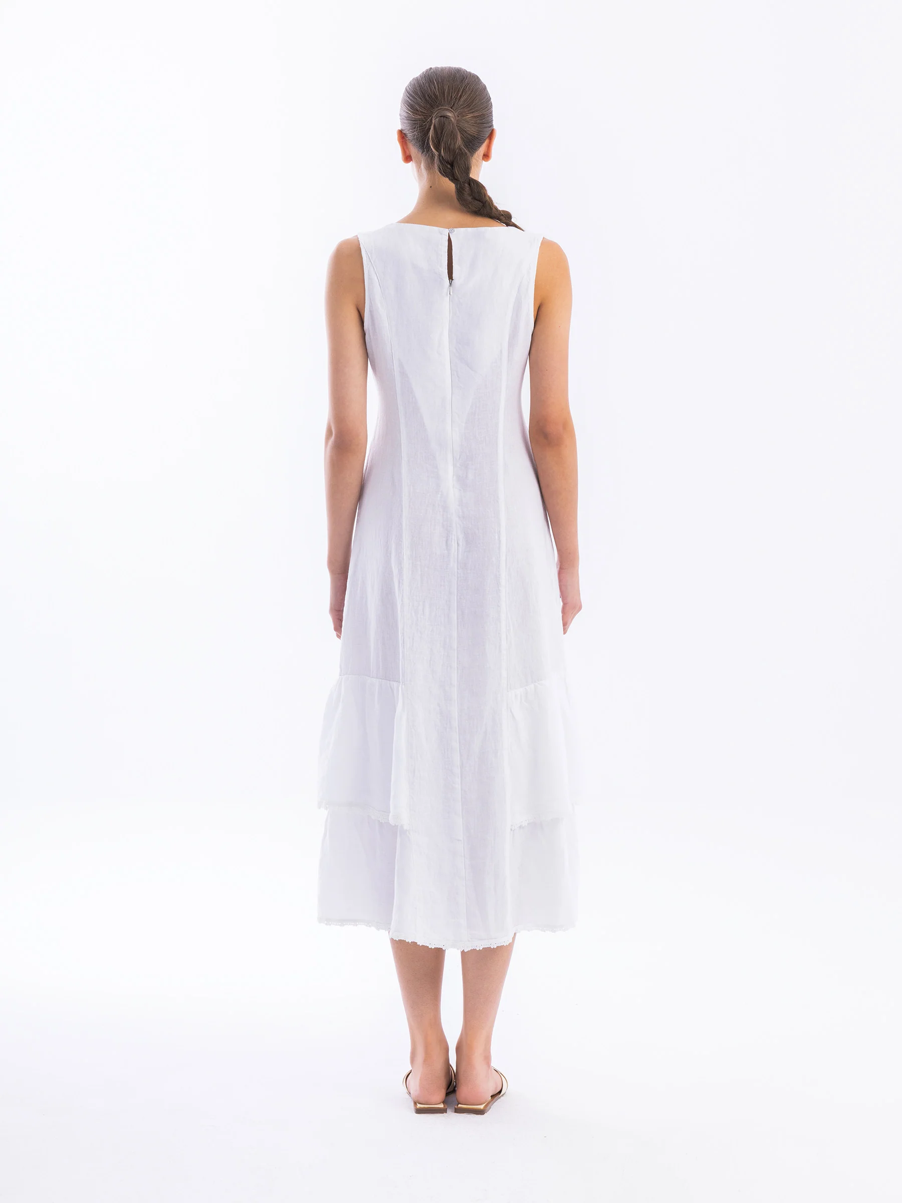 Linen Maxi Sleeveless Dress with Lace Trim & Ruffles �� Haris Cotton